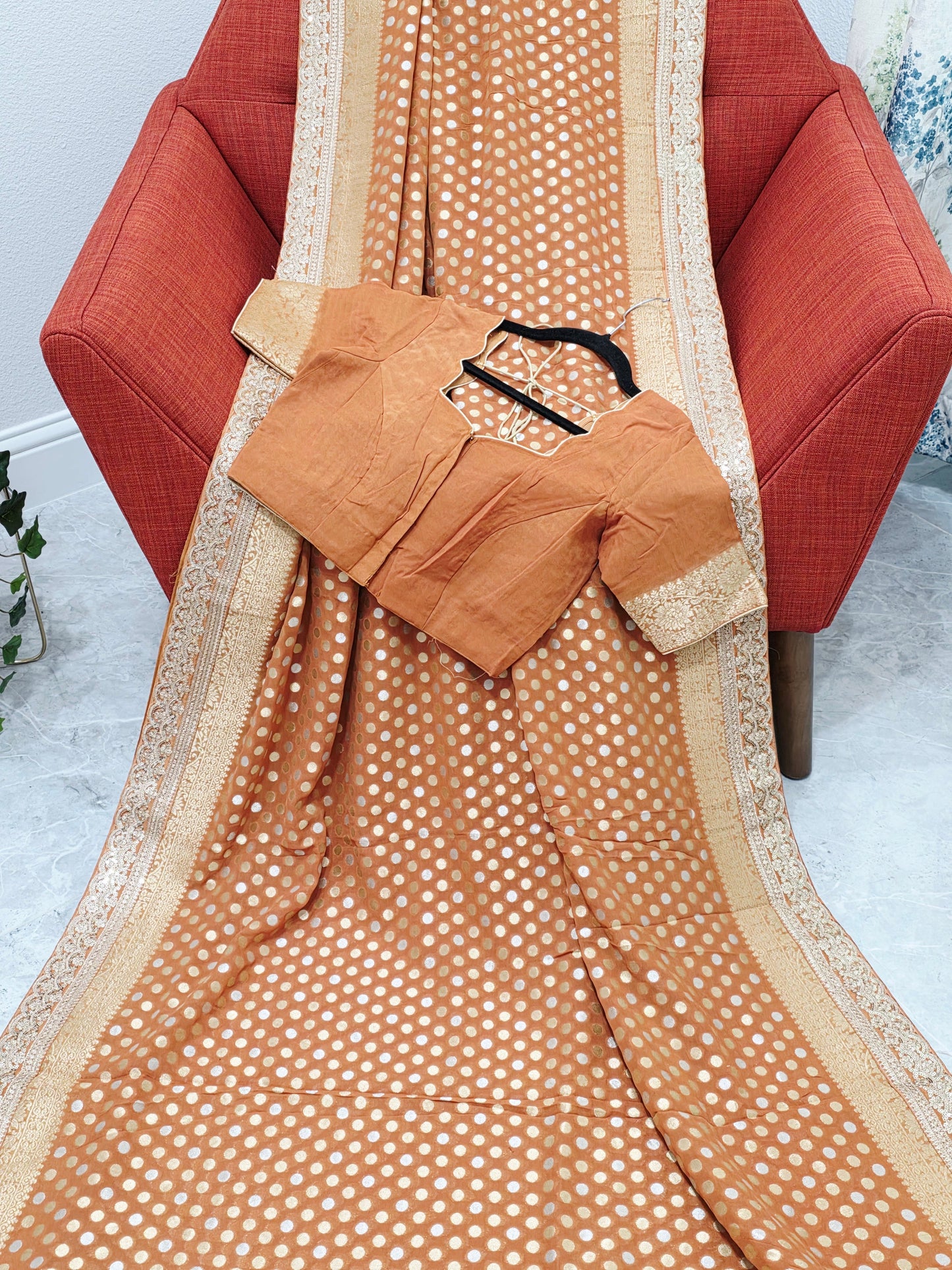 Rust Peach Viscose Georgette Polka Butta Saree with Lace Border & Stitched Blouse