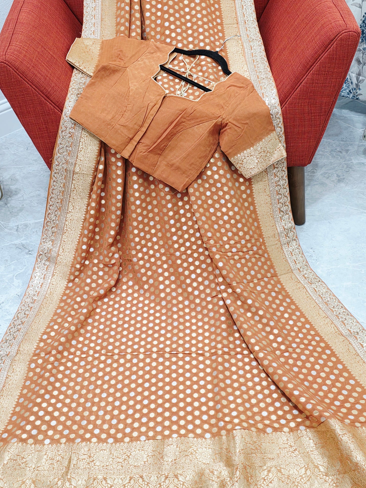 Rust Peach Viscose Georgette Polka Butta Saree with Lace Border & Stitched Blouse