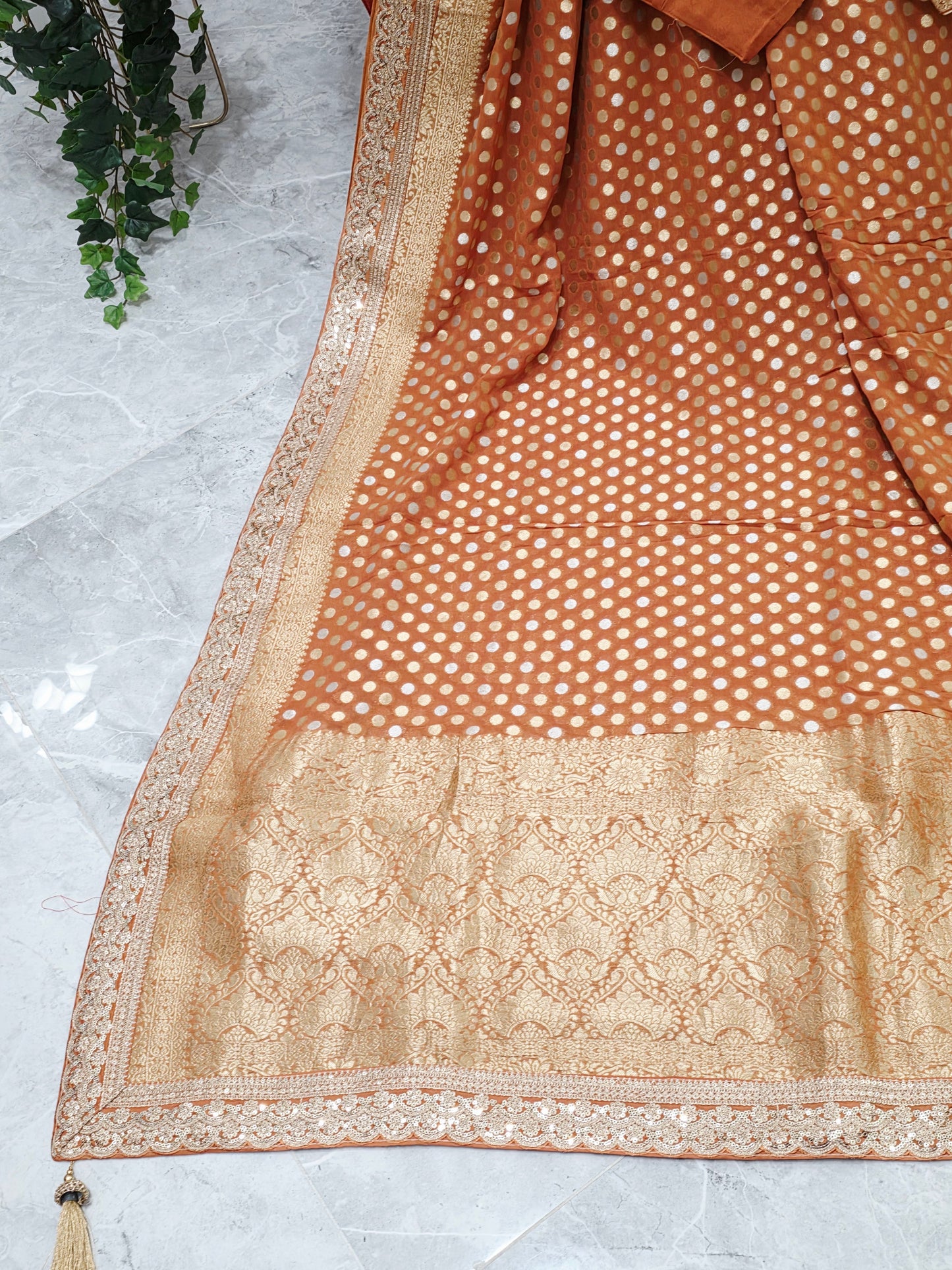 Rust Peach Viscose Georgette Polka Butta Saree with Lace Border & Stitched Blouse