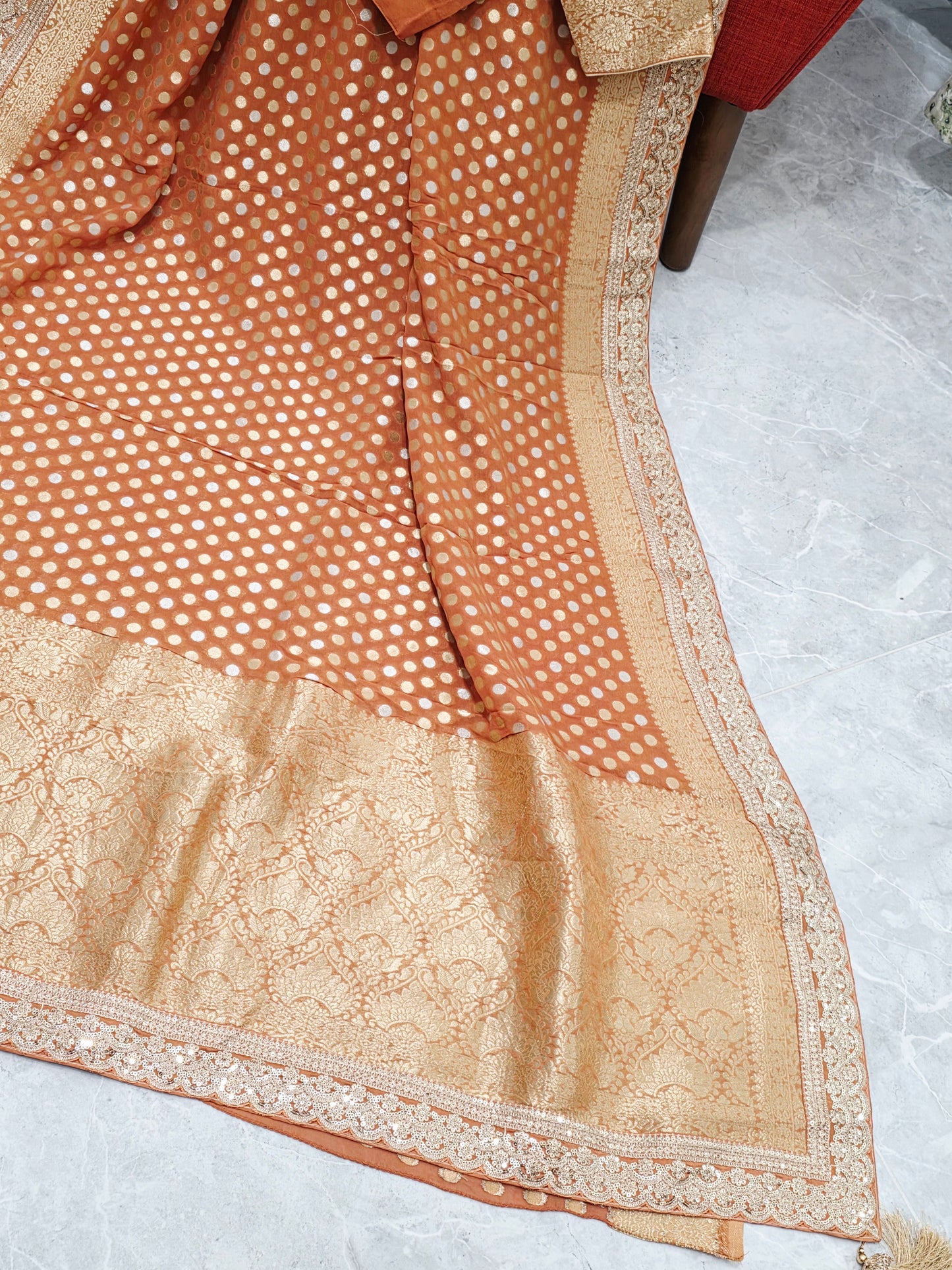 Rust Peach Viscose Georgette Polka Butta Saree with Lace Border & Stitched Blouse