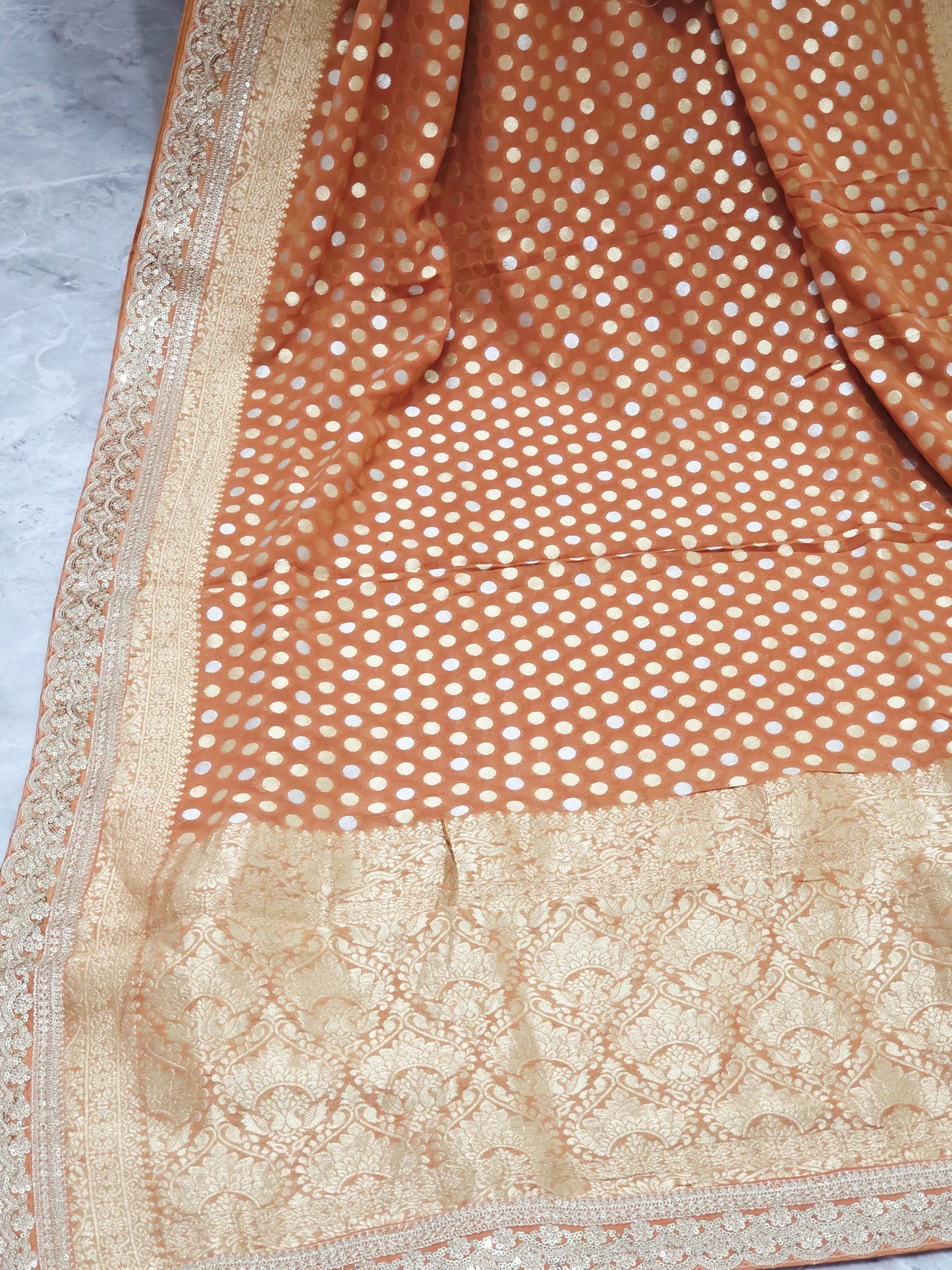 Rust Peach Viscose Georgette Polka Butta Saree with Lace Border & Stitched Blouse