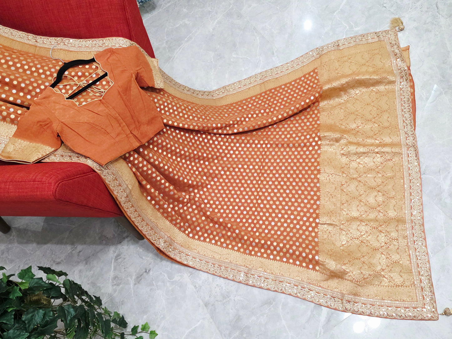 Rust Peach Viscose Georgette Polka Butta Saree with Lace Border & Stitched Blouse