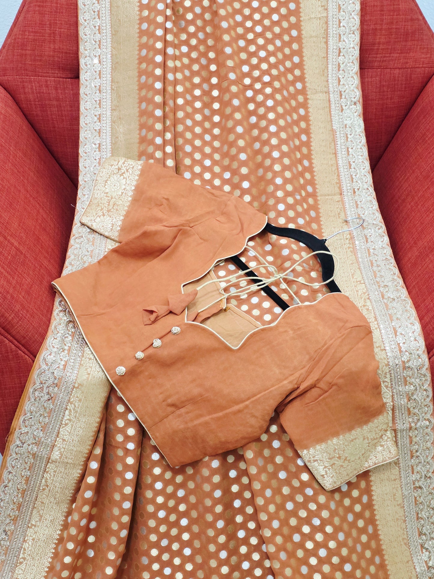 Rust Peach Viscose Georgette Polka Butta Saree with Lace Border & Stitched Blouse