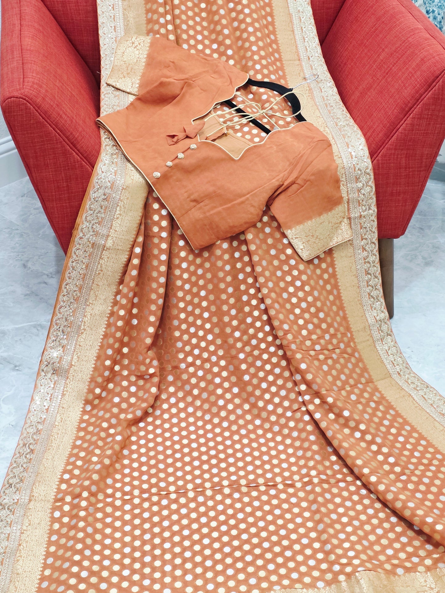 Rust Peach Viscose Georgette Polka Butta Saree with Lace Border & Stitched Blouse