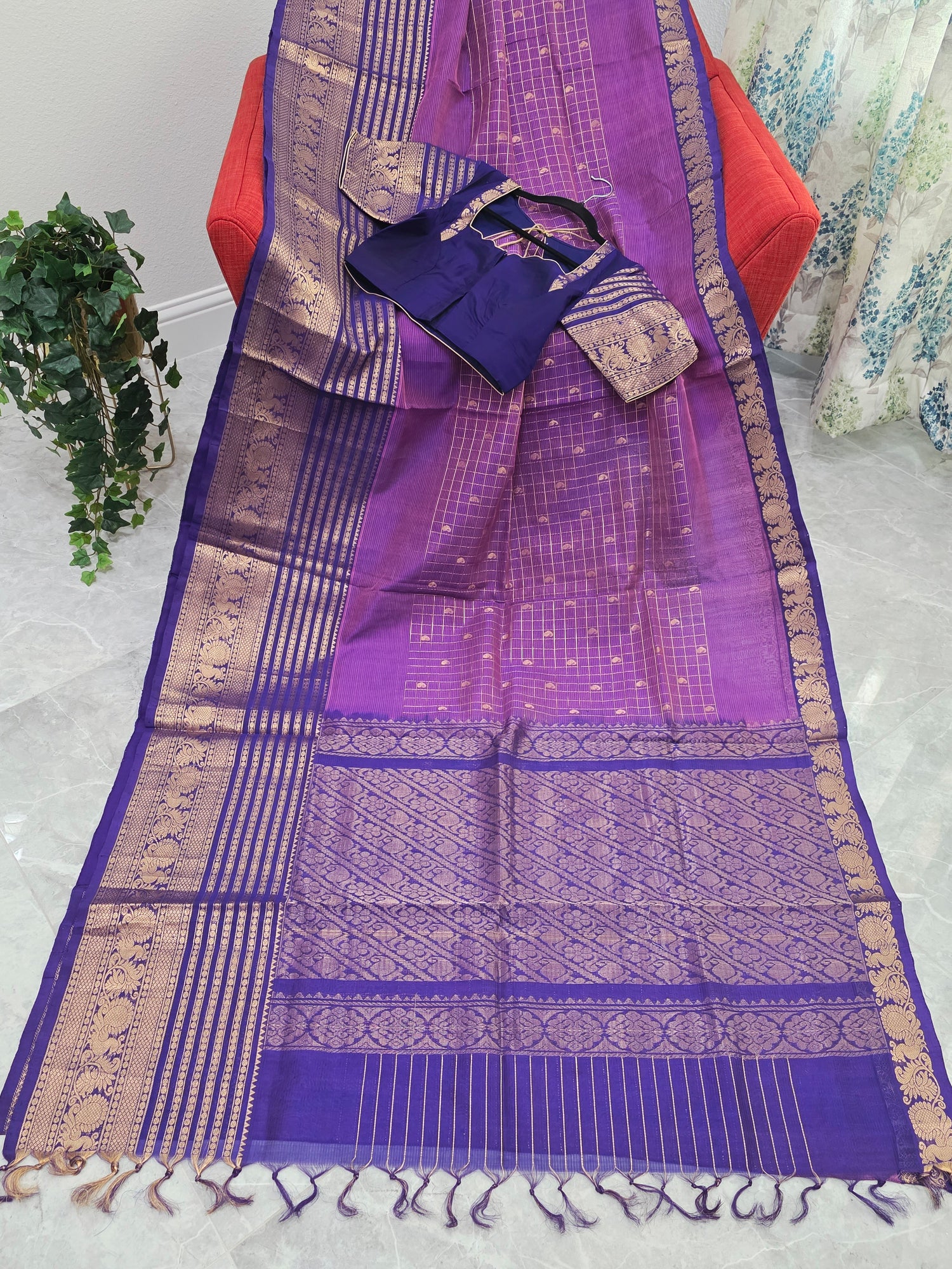 Purple Lines Design Mangalagiri Pattu Saree with Zari Border & Stitched Blouse