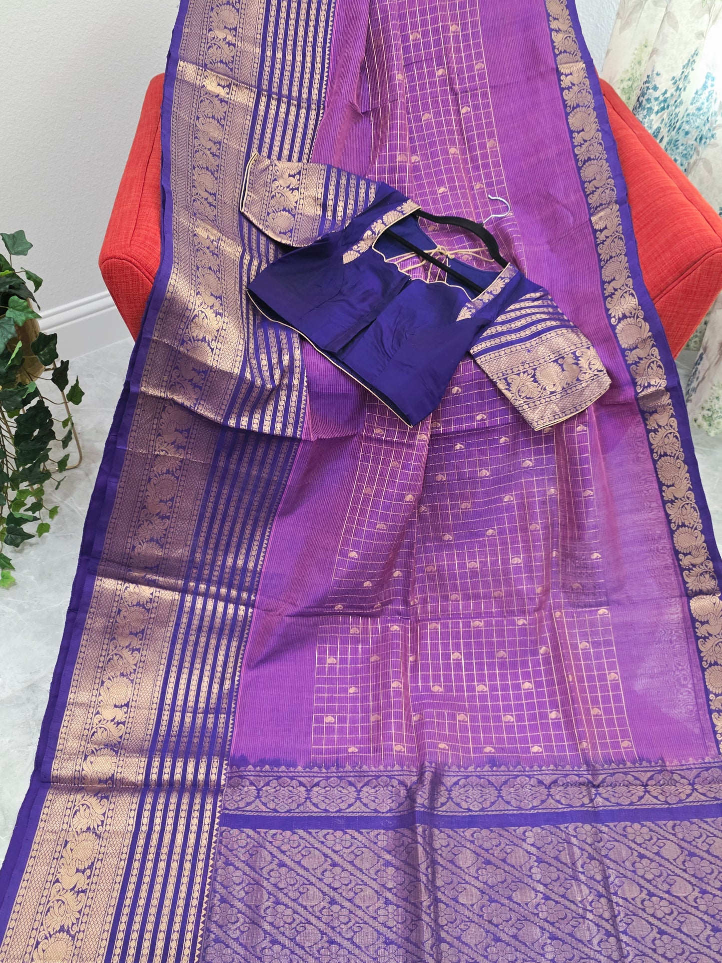 Purple Lines Design Mangalagiri Pattu Saree with Zari Border & Stitched Blouse