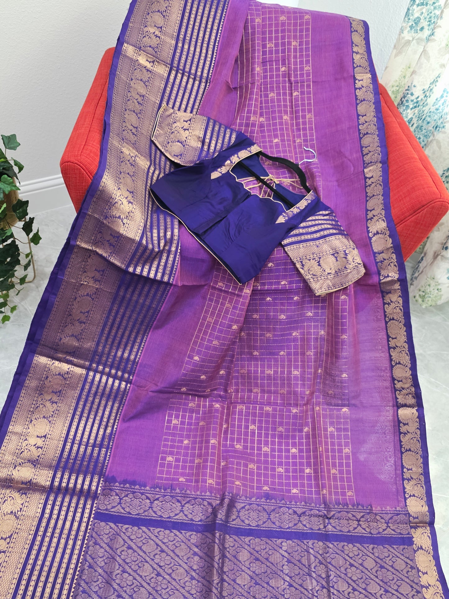 Purple Lines Design Mangalagiri Pattu Saree with Zari Border & Stitched Blouse