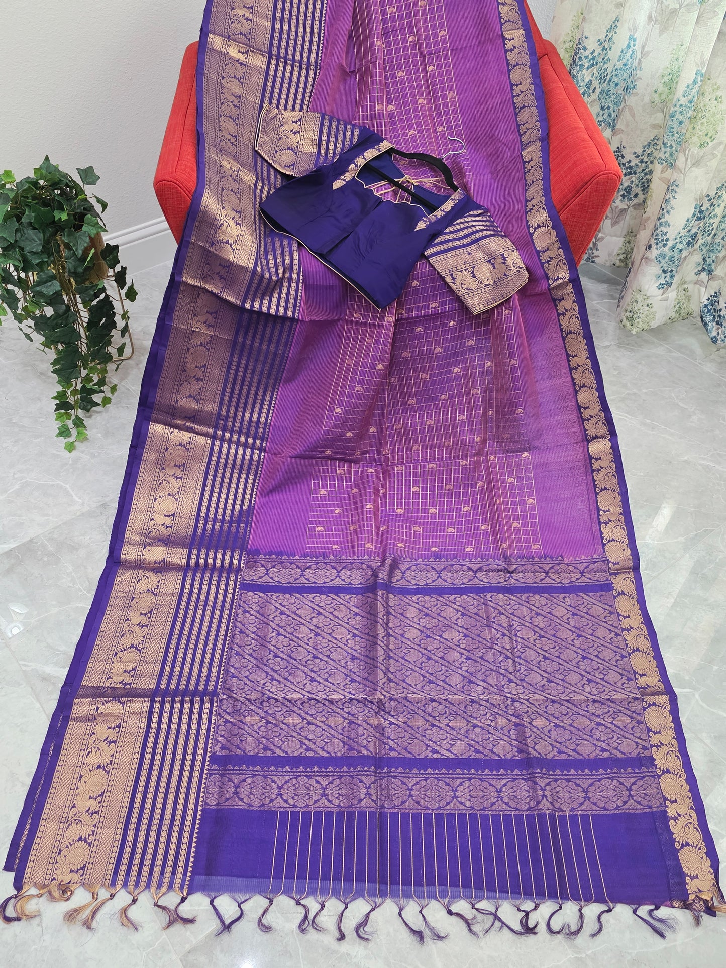 Purple Lines Design Mangalagiri Pattu Saree with Zari Border & Stitched Blouse