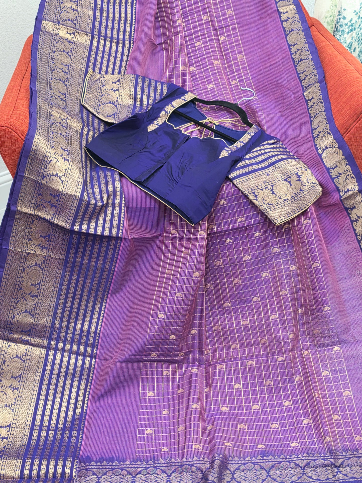 Purple Lines Design Mangalagiri Pattu Saree with Zari Border & Stitched Blouse