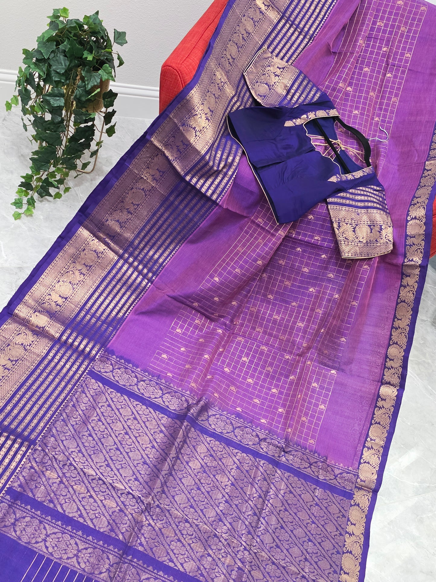 Purple Lines Design Mangalagiri Pattu Saree with Zari Border & Stitched Blouse