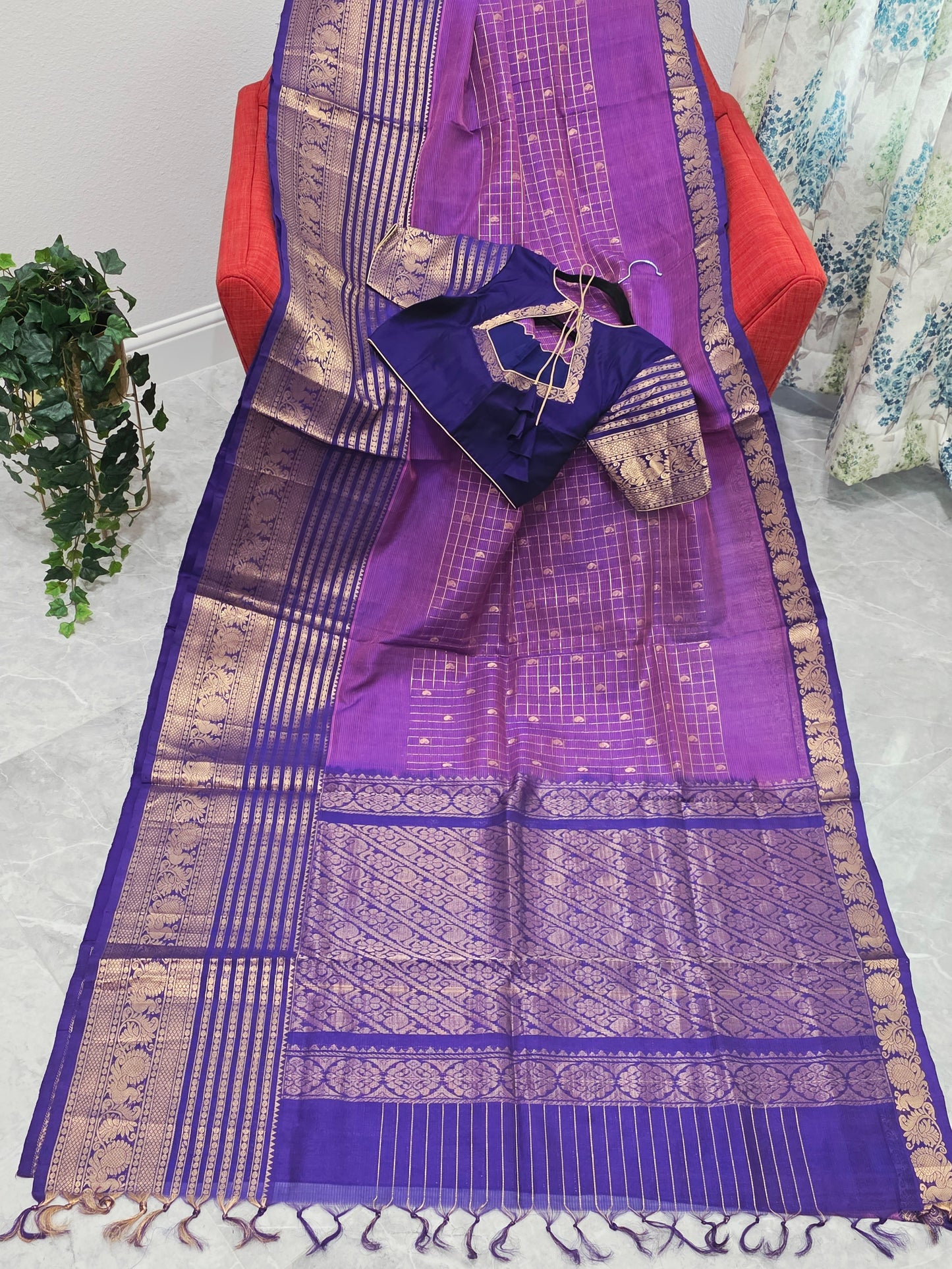 Purple Lines Design Mangalagiri Pattu Saree with Zari Border & Stitched Blouse
