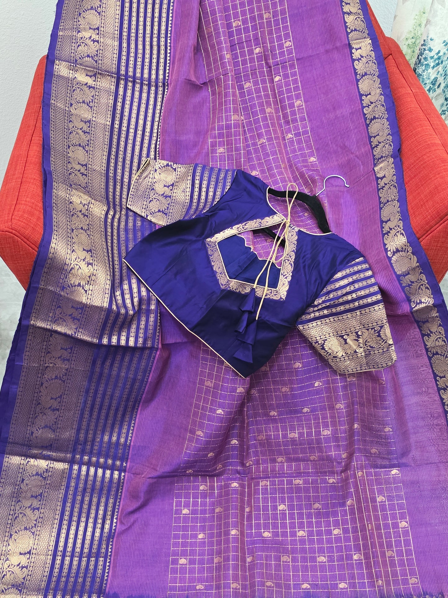 Purple Lines Design Mangalagiri Pattu Saree with Zari Border & Stitched Blouse