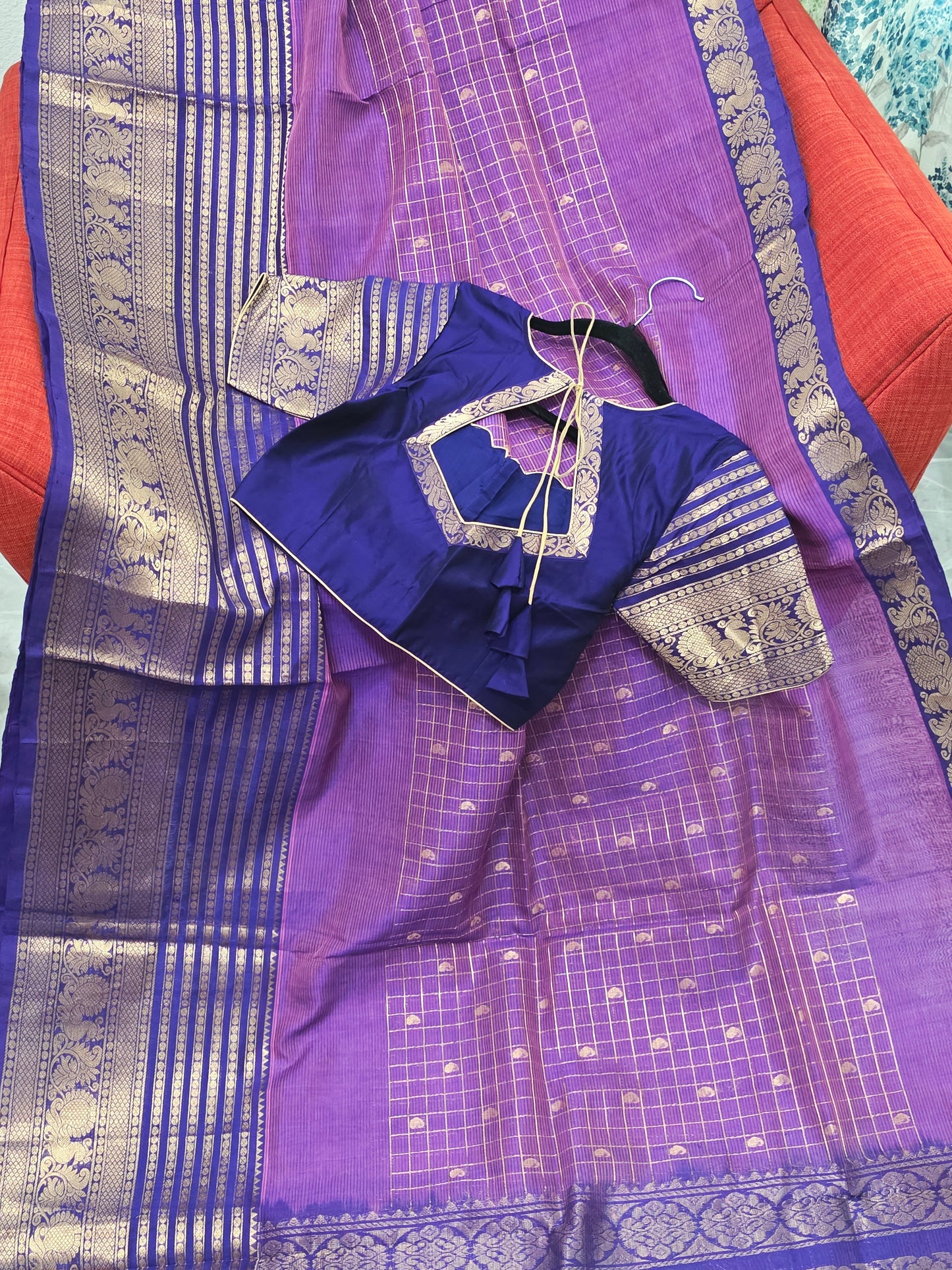 Purple Lines Design Mangalagiri Pattu Saree with Zari Border & Stitched Blouse