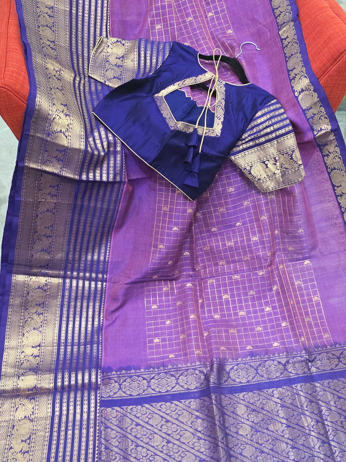 Purple Lines Design Mangalagiri Pattu Saree with Zari Border & Stitched Blouse