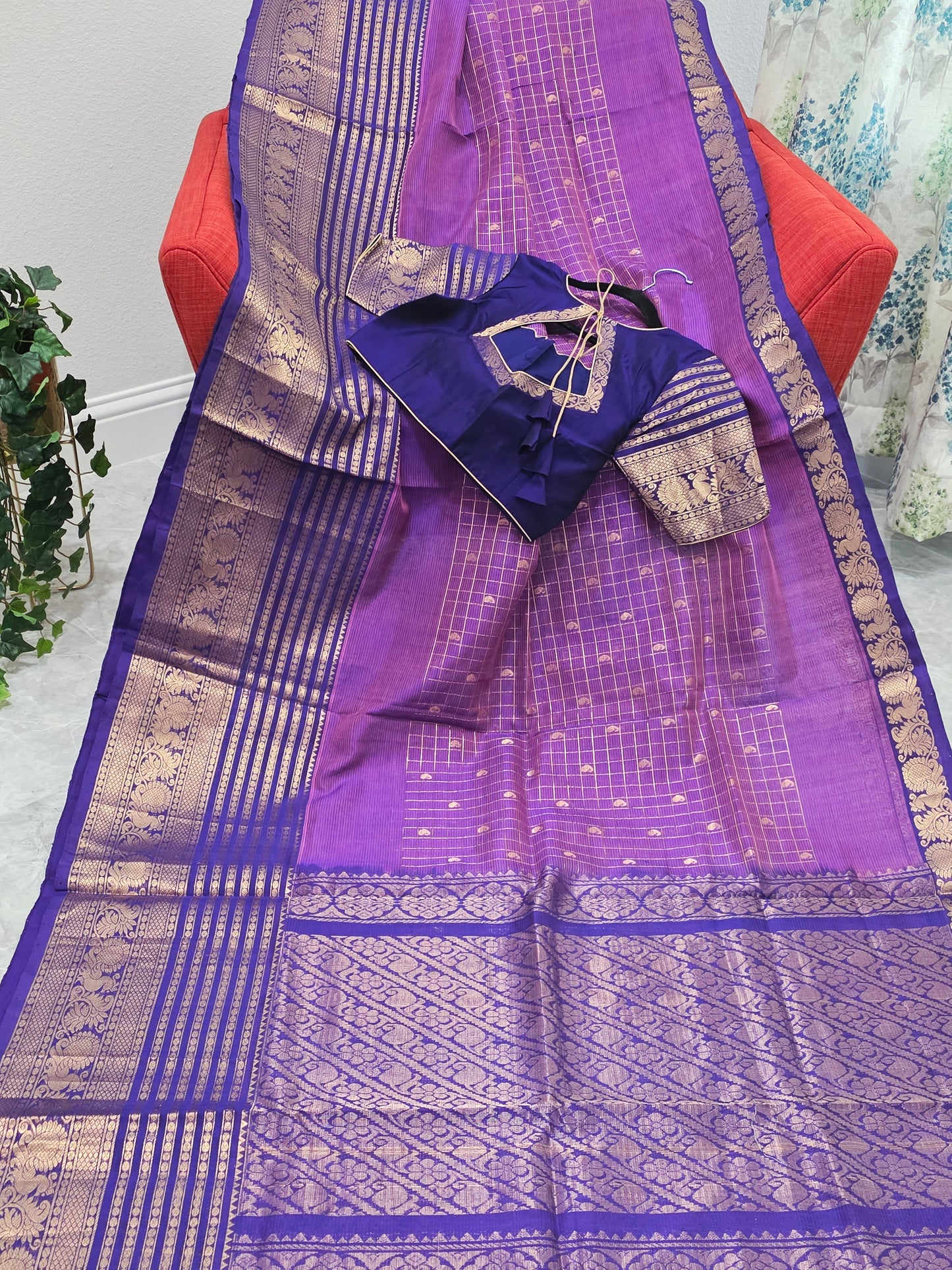 Purple Lines Design Mangalagiri Pattu Saree with Zari Border & Stitched Blouse