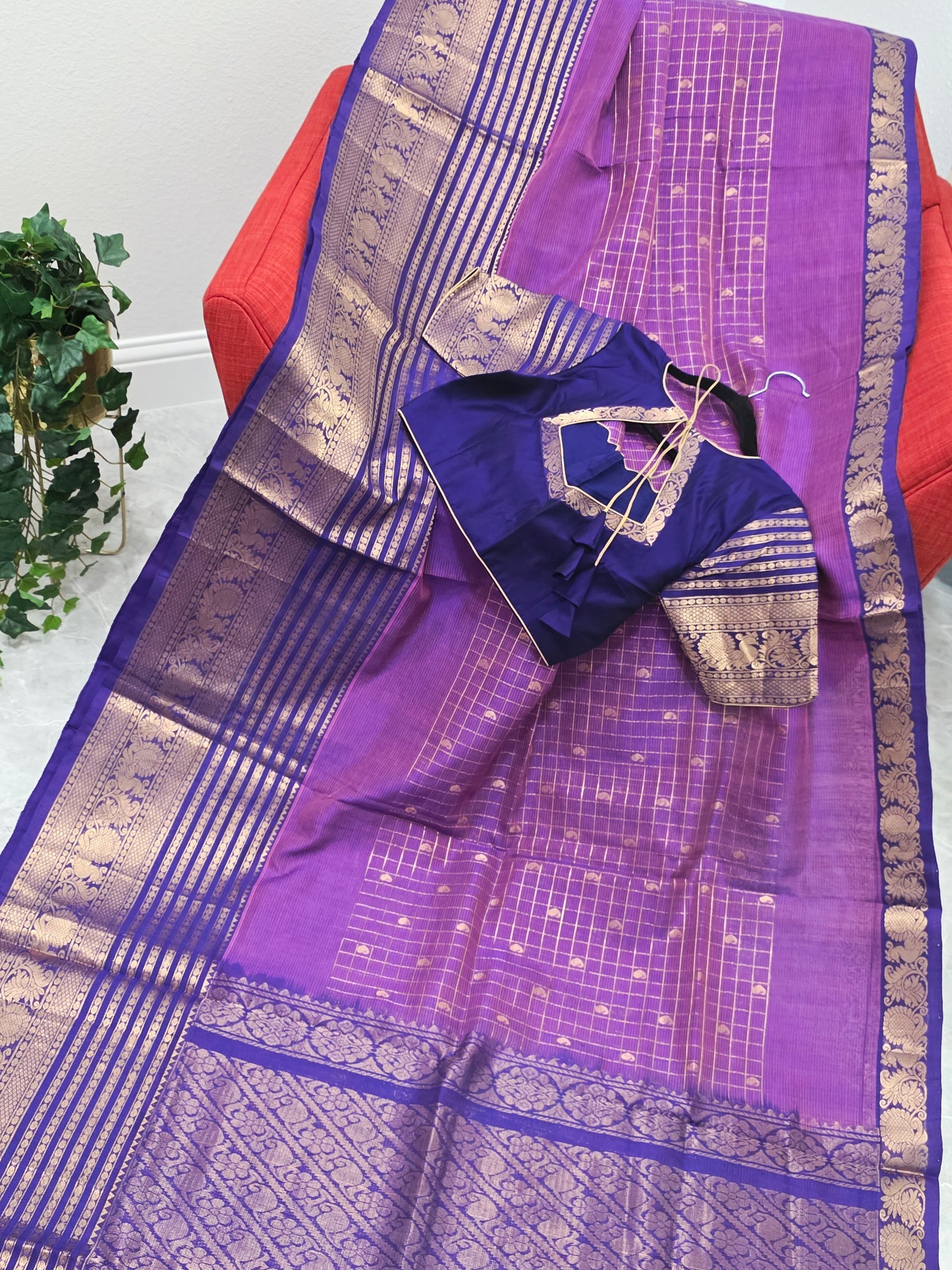 Purple Lines Design Mangalagiri Pattu Saree with Zari Border & Stitched Blouse