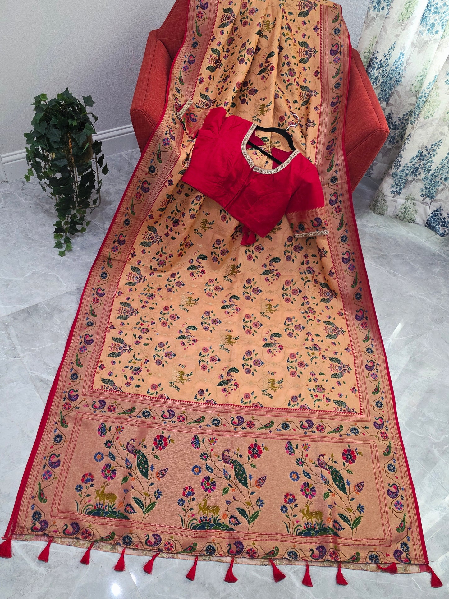 Patola Design Benarasi Soft Silk Saree with Paithani Border & Stitched Blouse