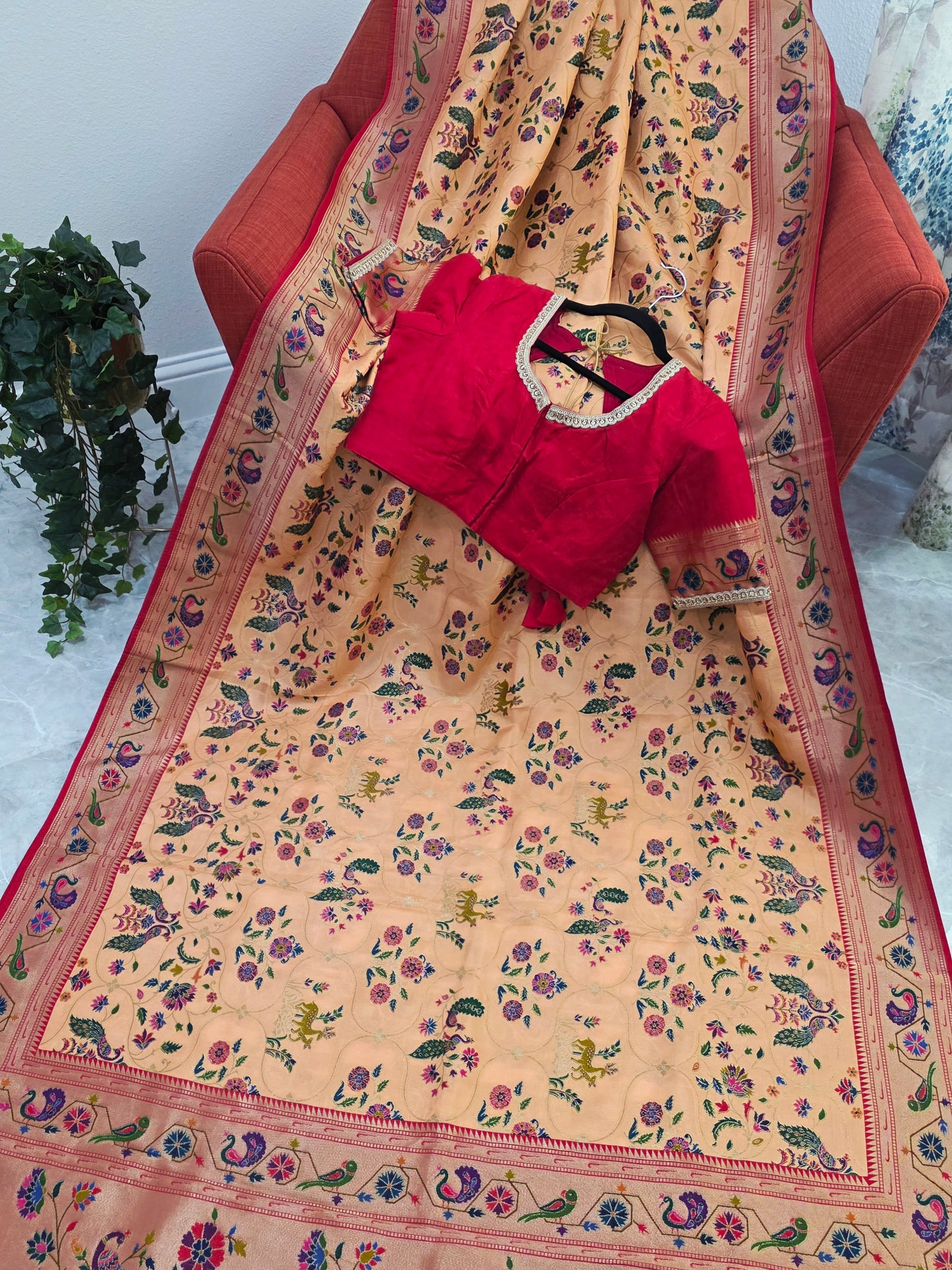 Patola Design Benarasi Soft Silk Saree with Paithani Border & Stitched Blouse