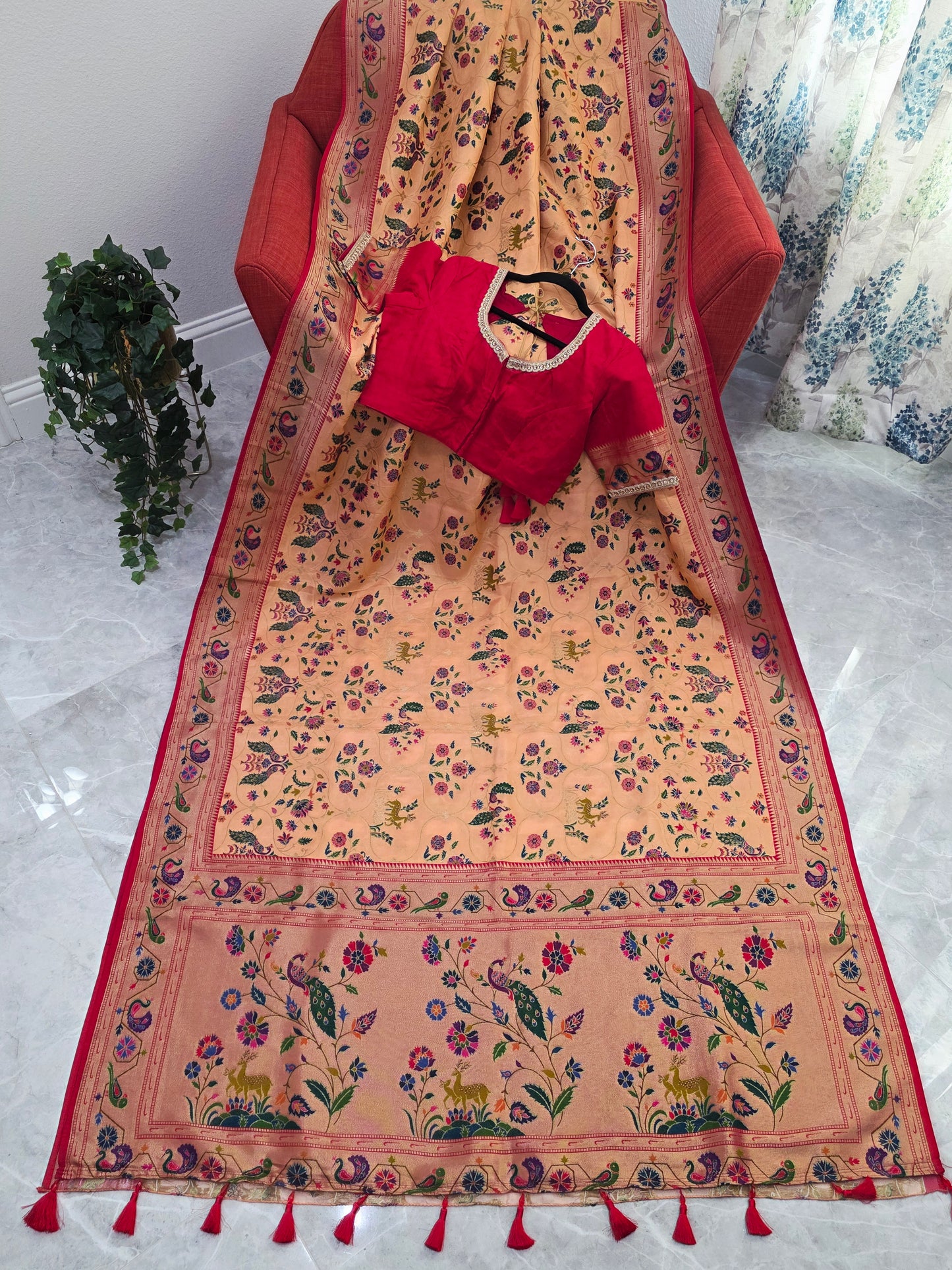 Patola Design Benarasi Soft Silk Saree with Paithani Border & Stitched Blouse