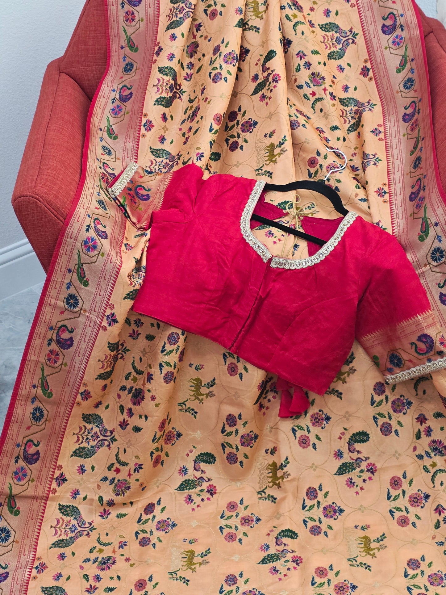Patola Design Benarasi Soft Silk Saree with Paithani Border & Stitched Blouse