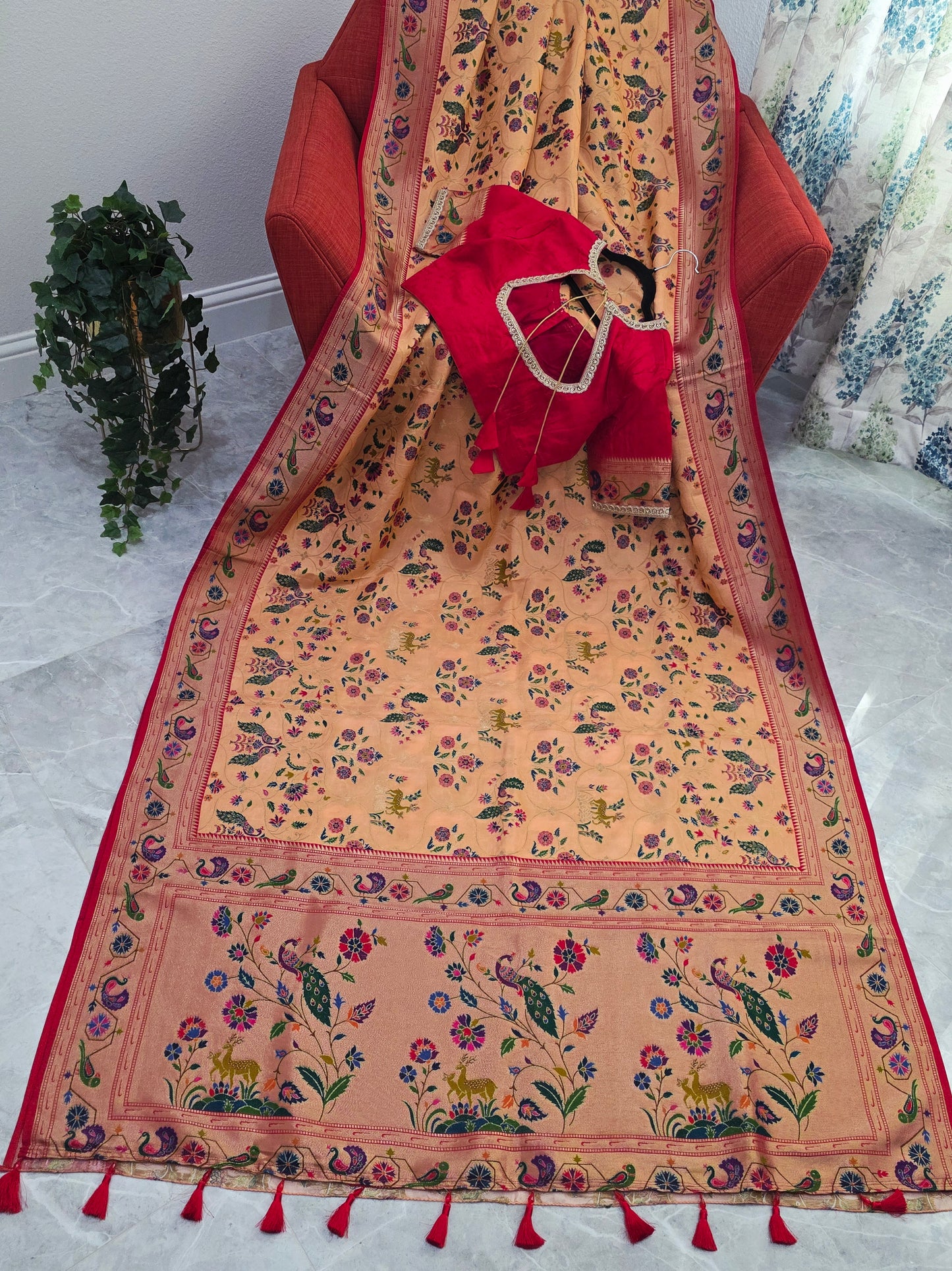 Patola Design Benarasi Soft Silk Saree with Paithani Border & Stitched Blouse