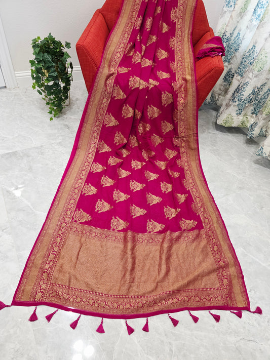 Pink Pure Khaddi Georgette Designer Saree with Peacock Zari Butta