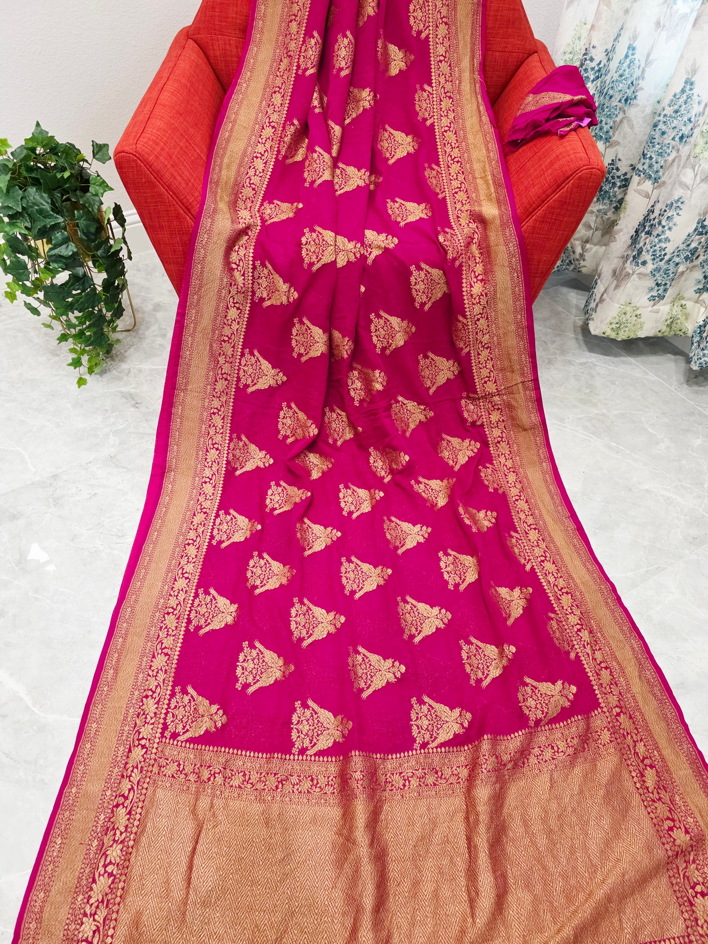Pink Pure Khaddi Georgette Designer Saree with Peacock Zari Butta