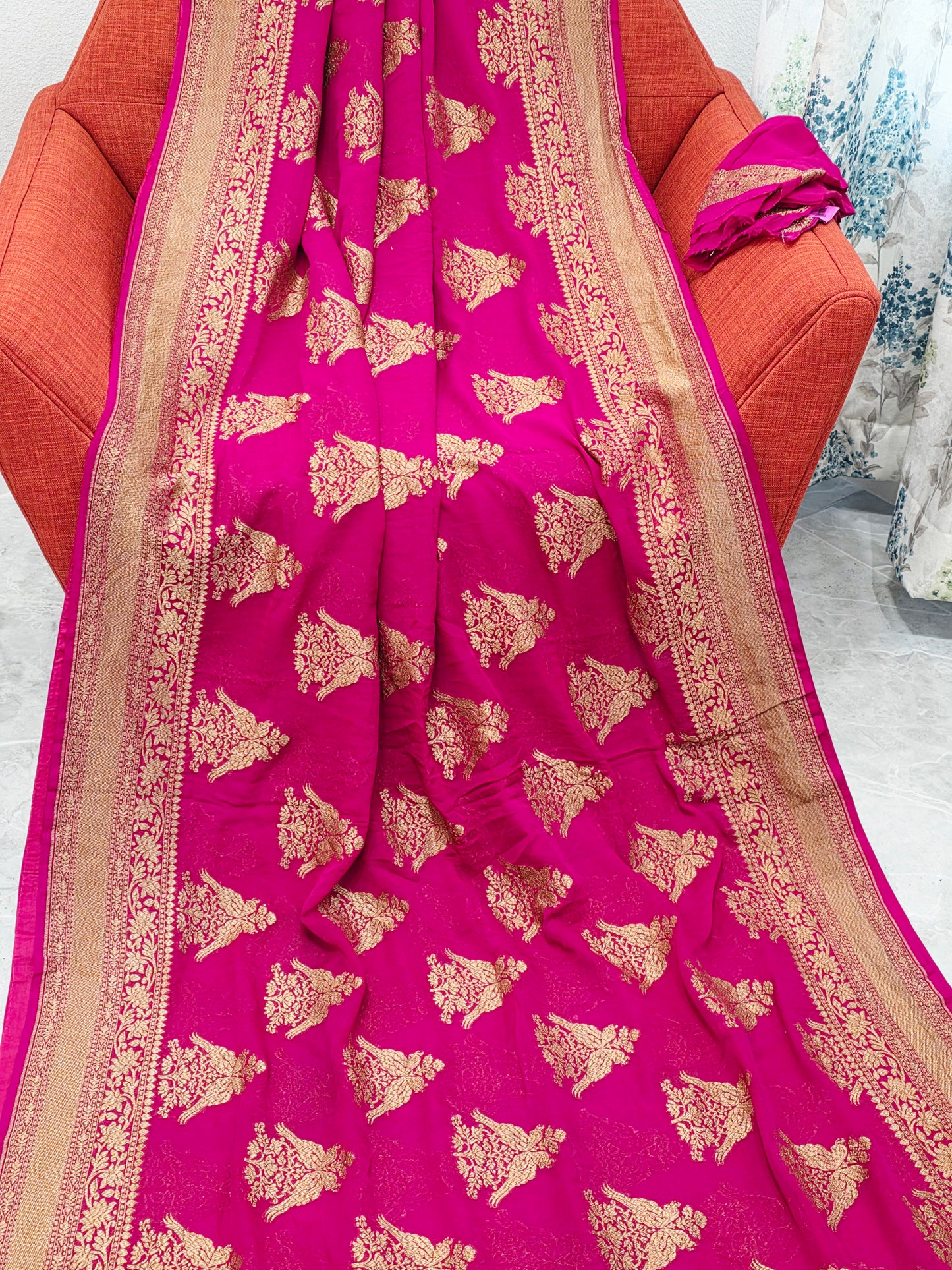 Pink Pure Khaddi Georgette Designer Saree with Peacock Zari Butta