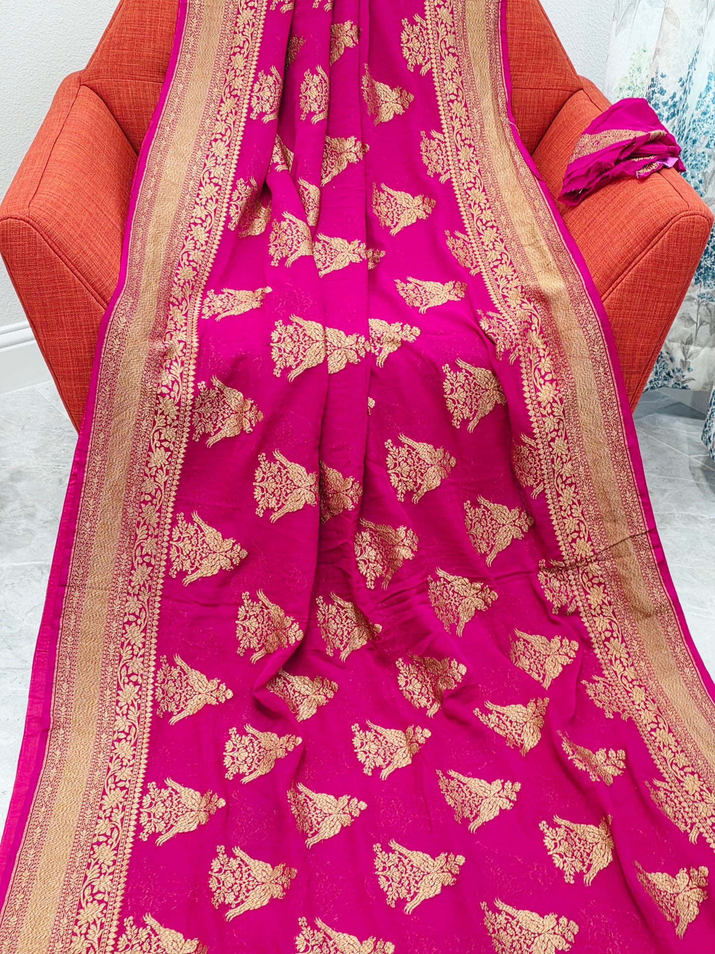 Pink Pure Khaddi Georgette Designer Saree with Peacock Zari Butta