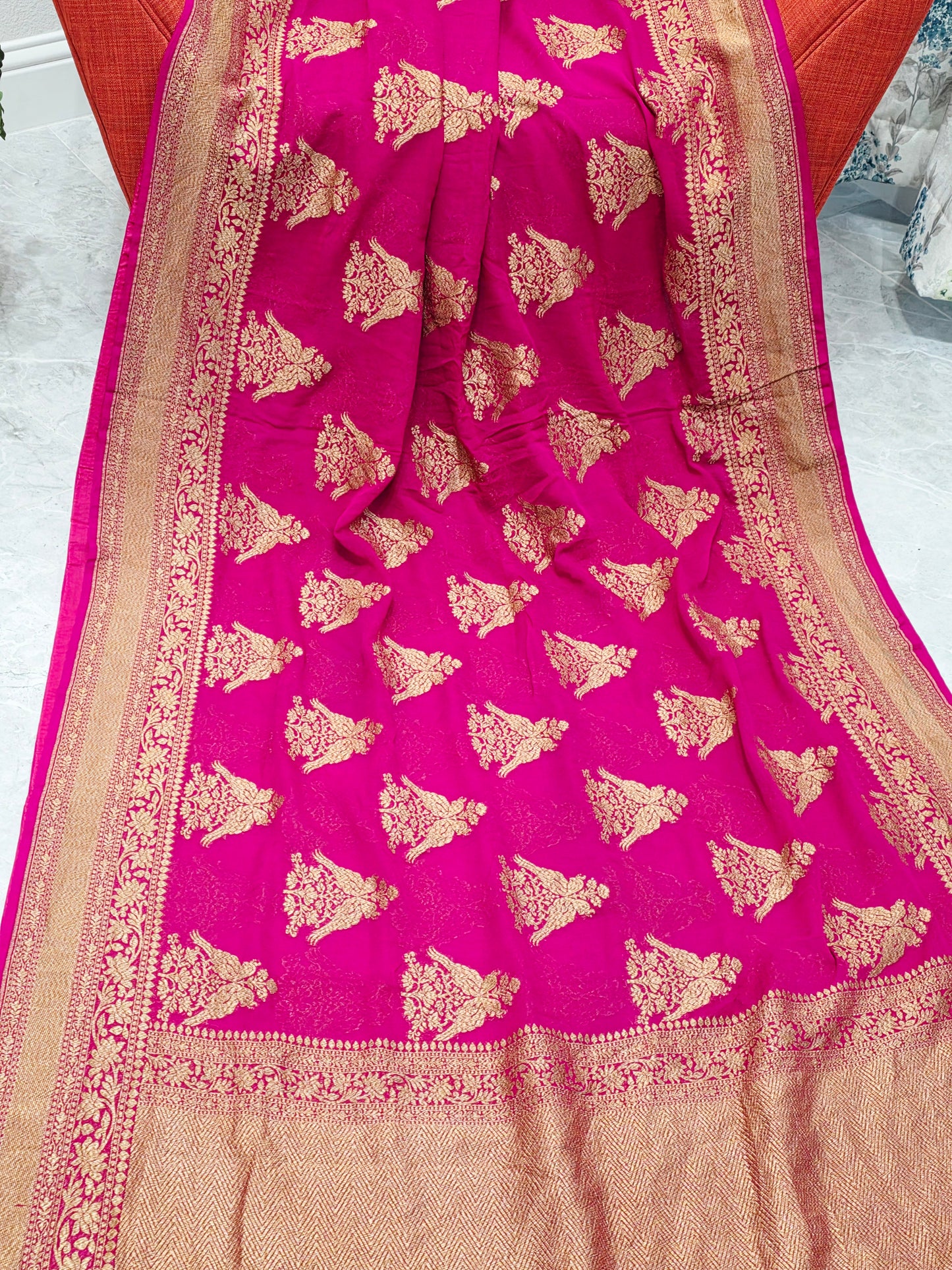 Pink Pure Khaddi Georgette Designer Saree with Peacock Zari Butta