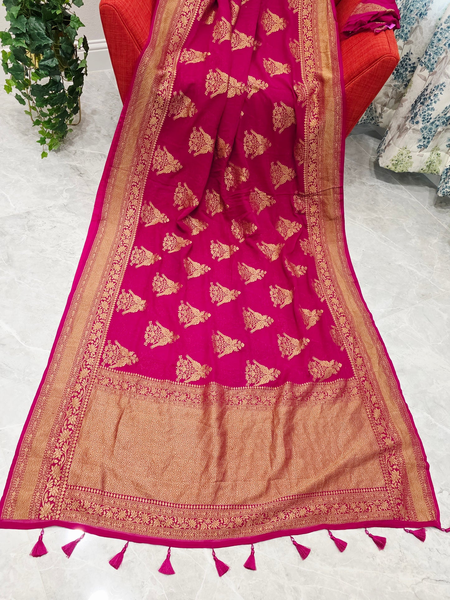 Pink Pure Khaddi Georgette Designer Saree with Peacock Zari Butta