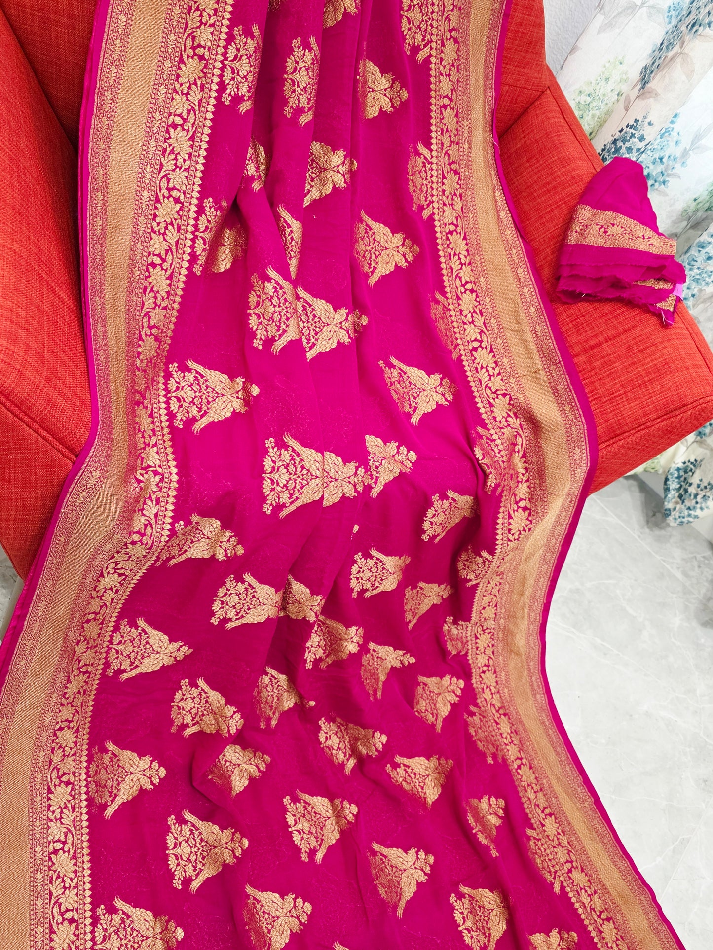 Pink Pure Khaddi Georgette Designer Saree with Peacock Zari Butta