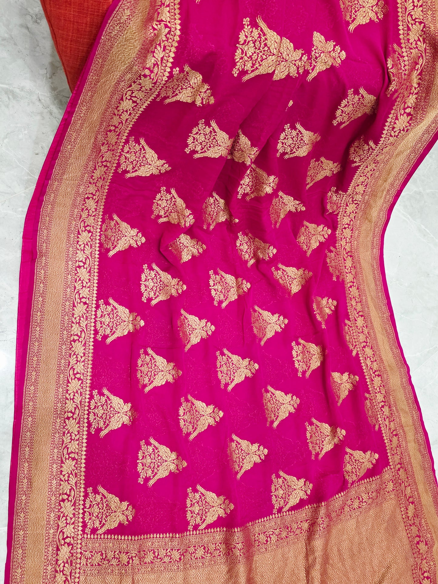 Pink Pure Khaddi Georgette Designer Saree with Peacock Zari Butta