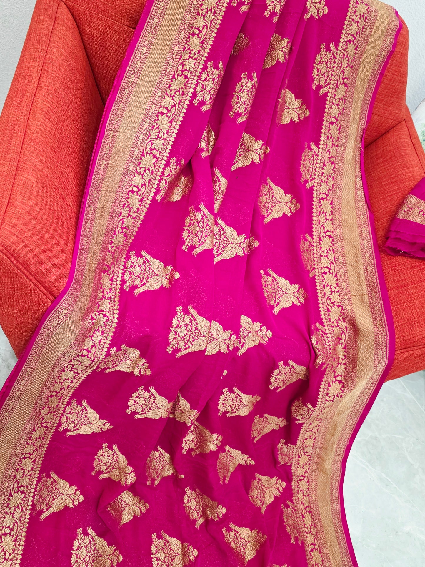 Pink Pure Khaddi Georgette Designer Saree with Peacock Zari Butta