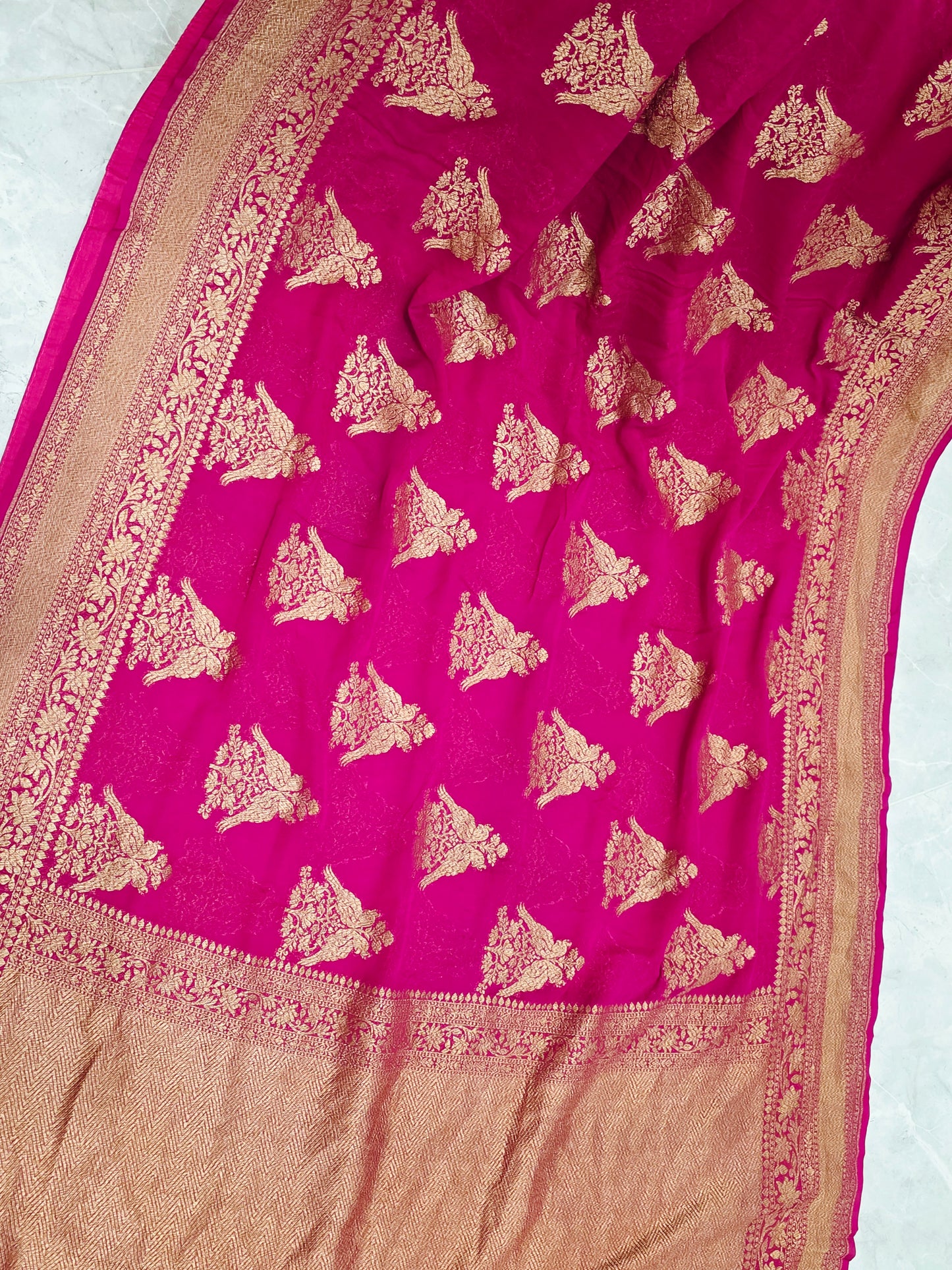 Pink Pure Khaddi Georgette Designer Saree with Peacock Zari Butta