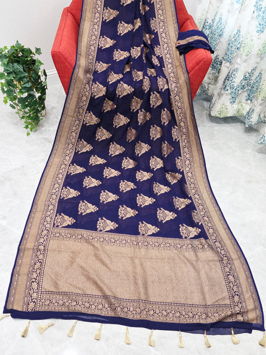 Navy Blue Pure Khaddi Georgette Designer Saree with Peacock Zari Butta