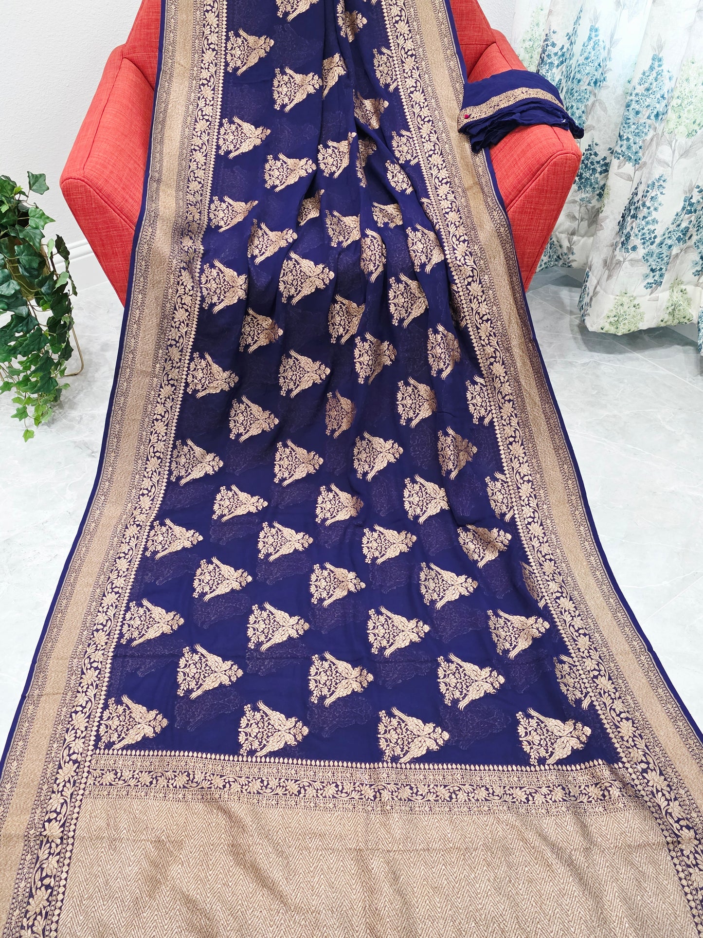 Navy Blue Pure Khaddi Georgette Designer Saree with Peacock Zari Butta