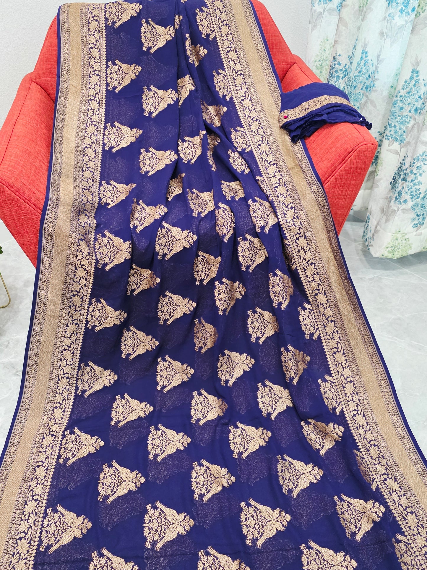 Navy Blue Pure Khaddi Georgette Designer Saree with Peacock Zari Butta