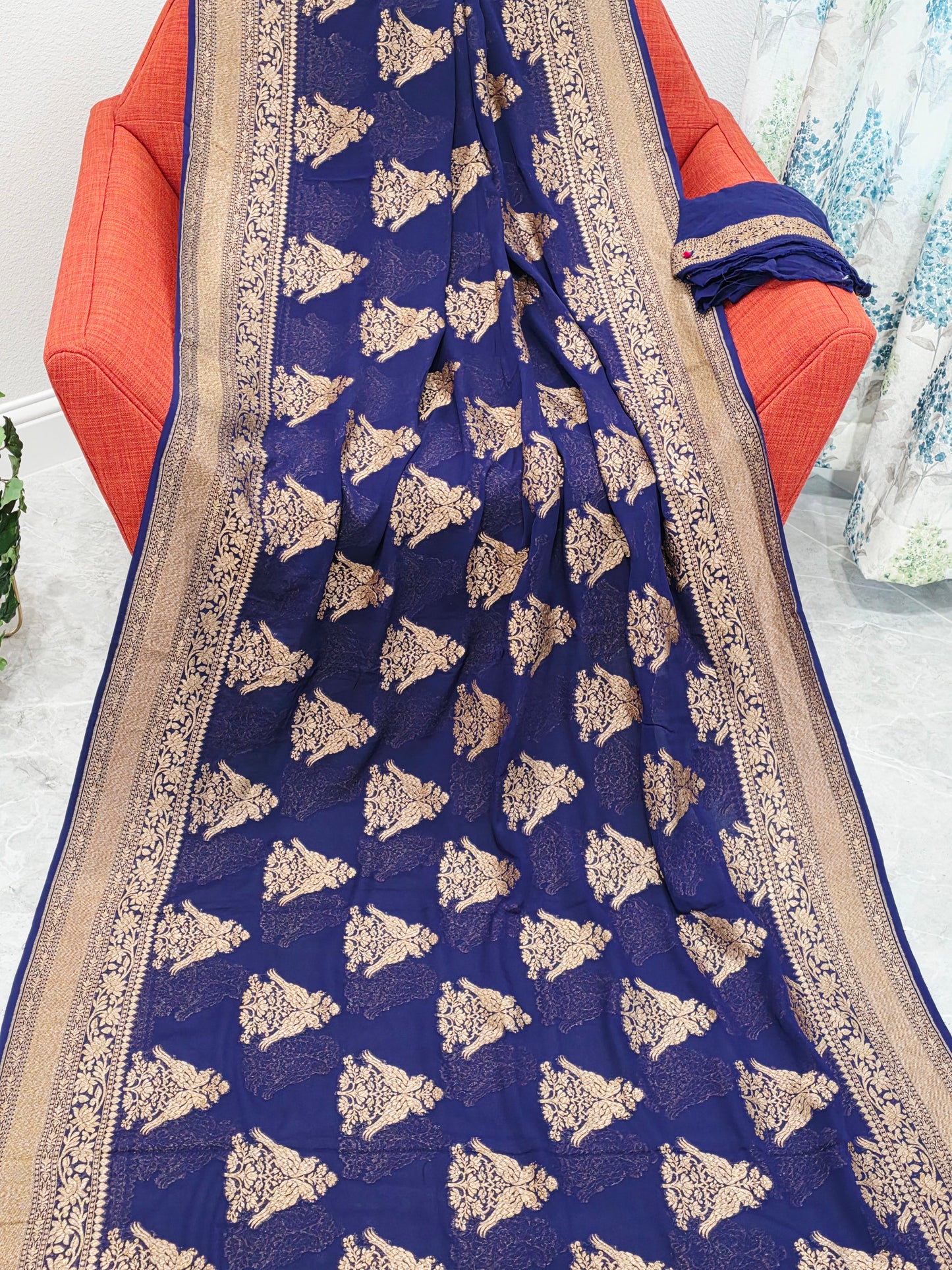 Navy Blue Pure Khaddi Georgette Designer Saree with Peacock Zari Butta