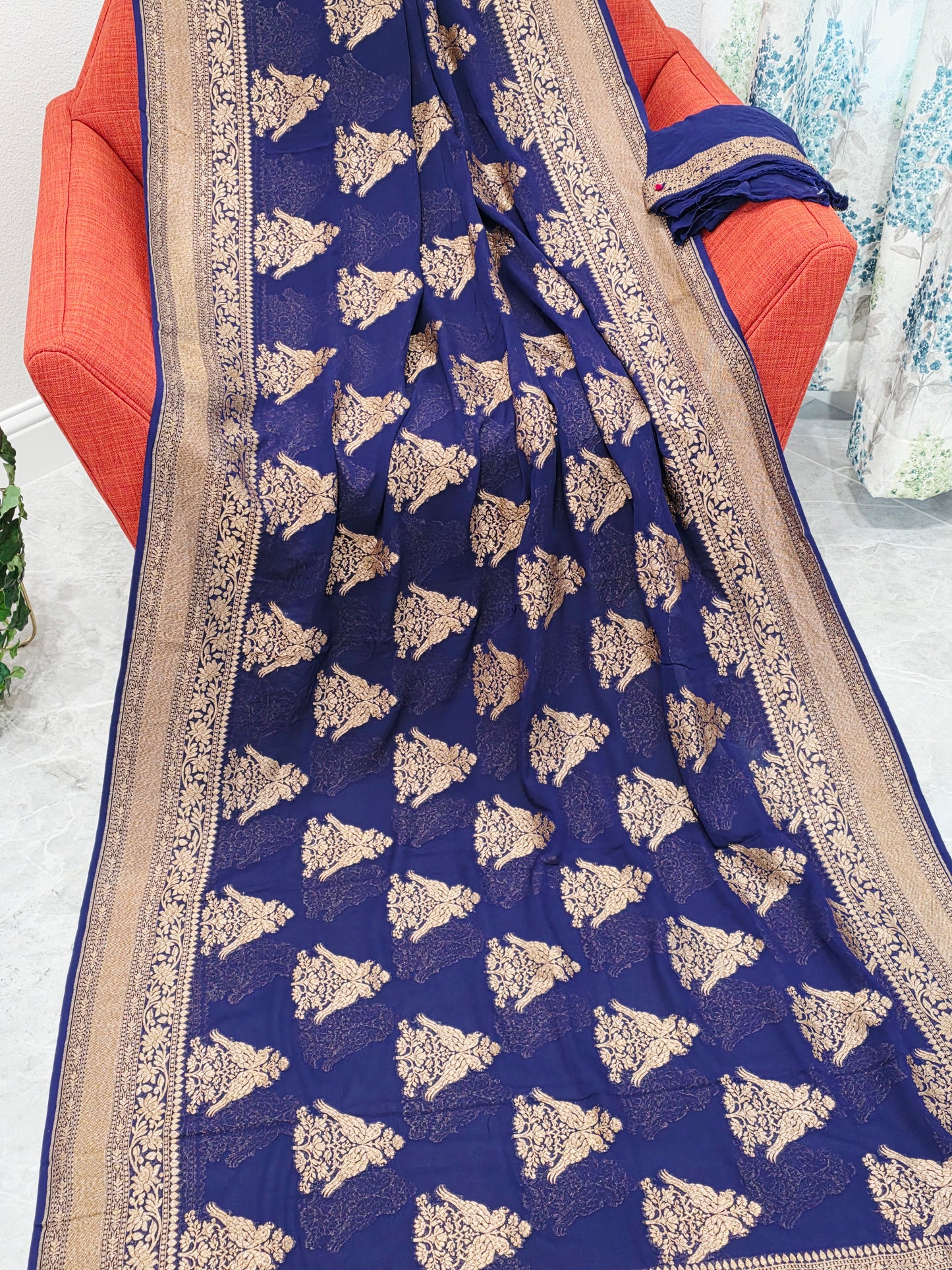 Navy Blue Pure Khaddi Georgette Designer Saree with Peacock Zari Butta