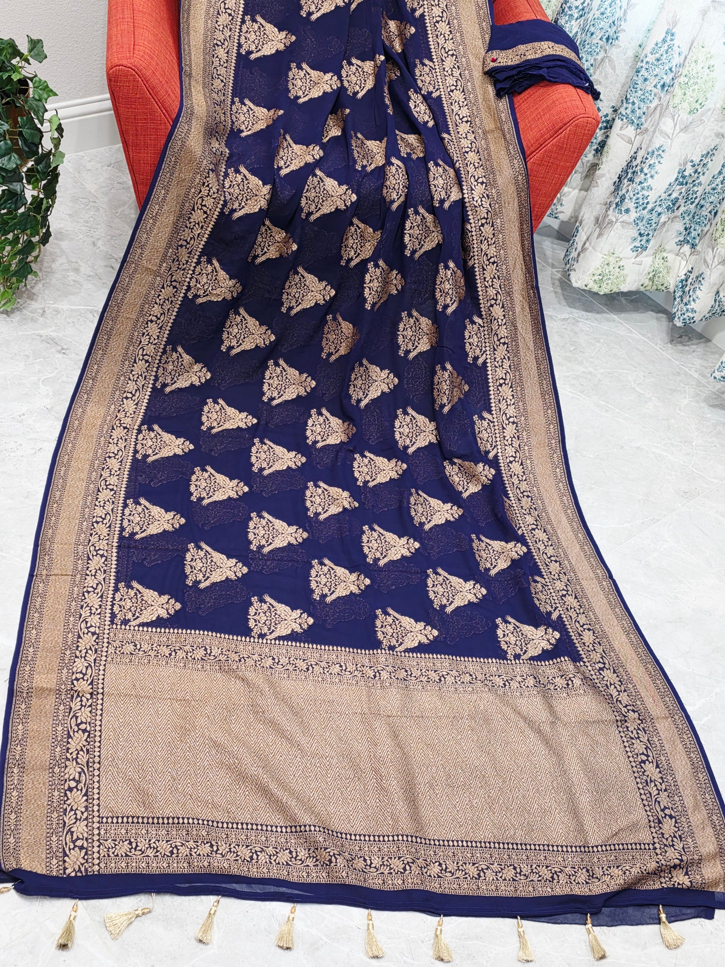 Navy Blue Pure Khaddi Georgette Designer Saree with Peacock Zari Butta