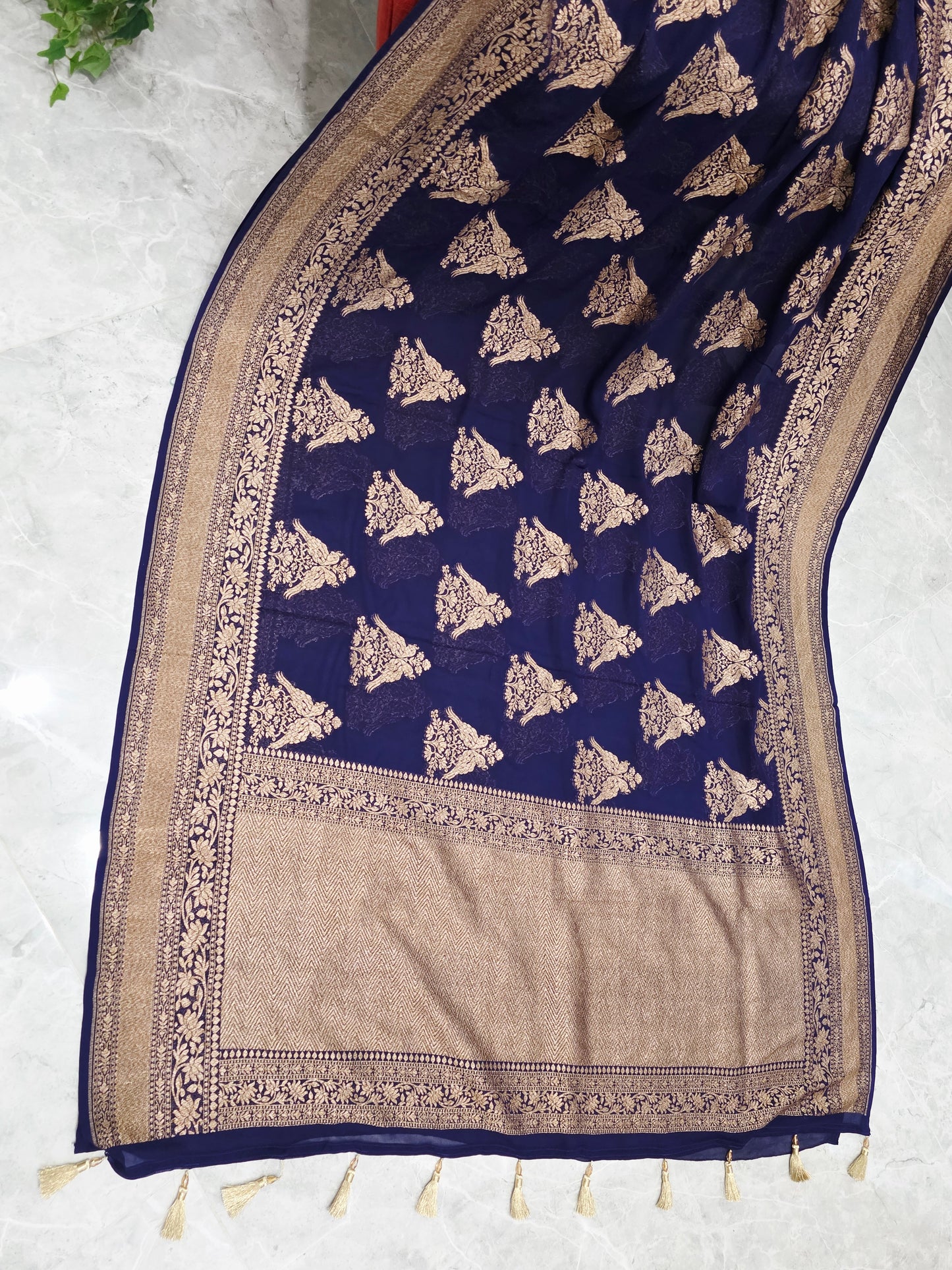 Navy Blue Pure Khaddi Georgette Designer Saree with Peacock Zari Butta