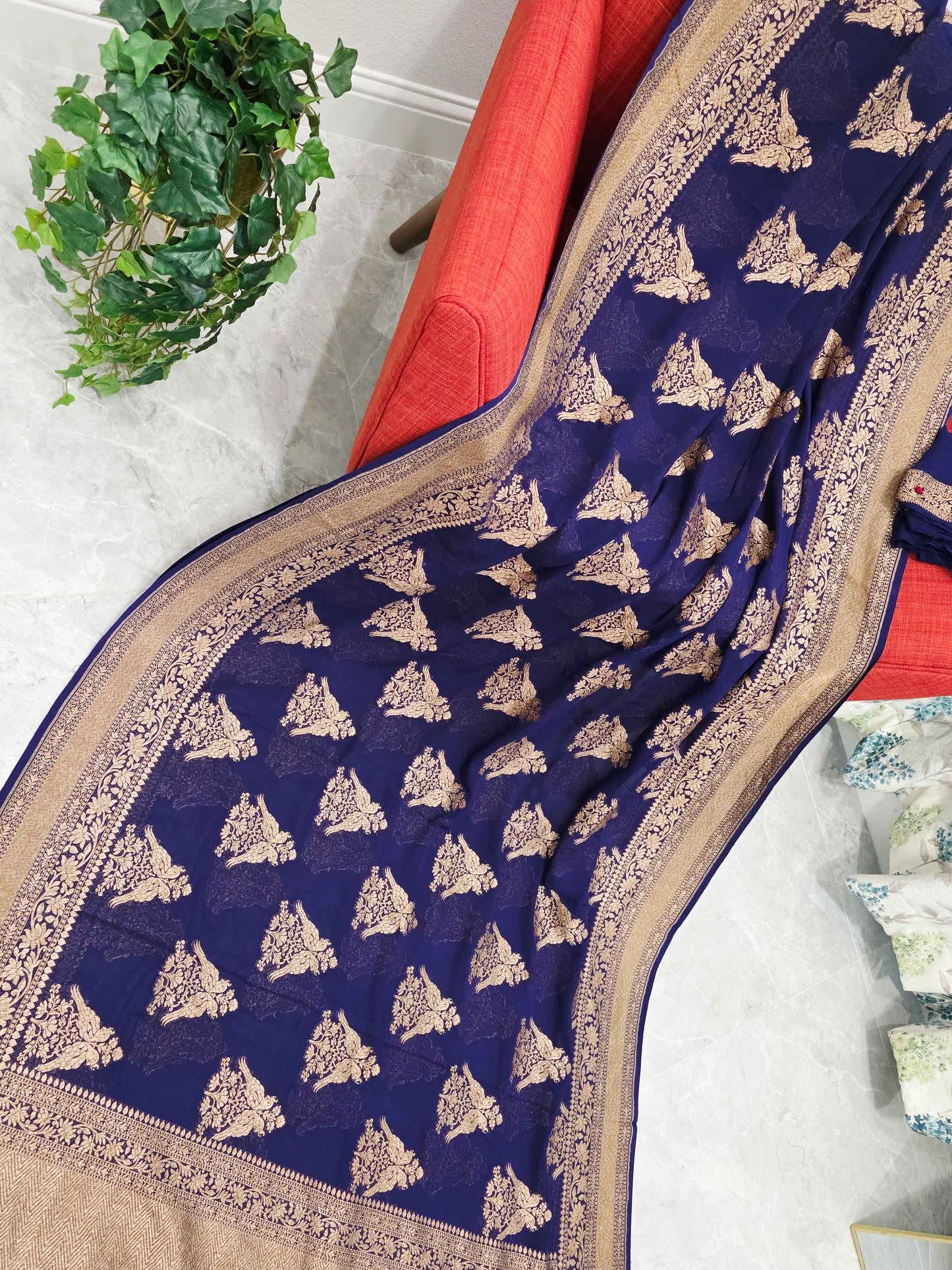 Navy Blue Pure Khaddi Georgette Designer Saree with Peacock Zari Butta