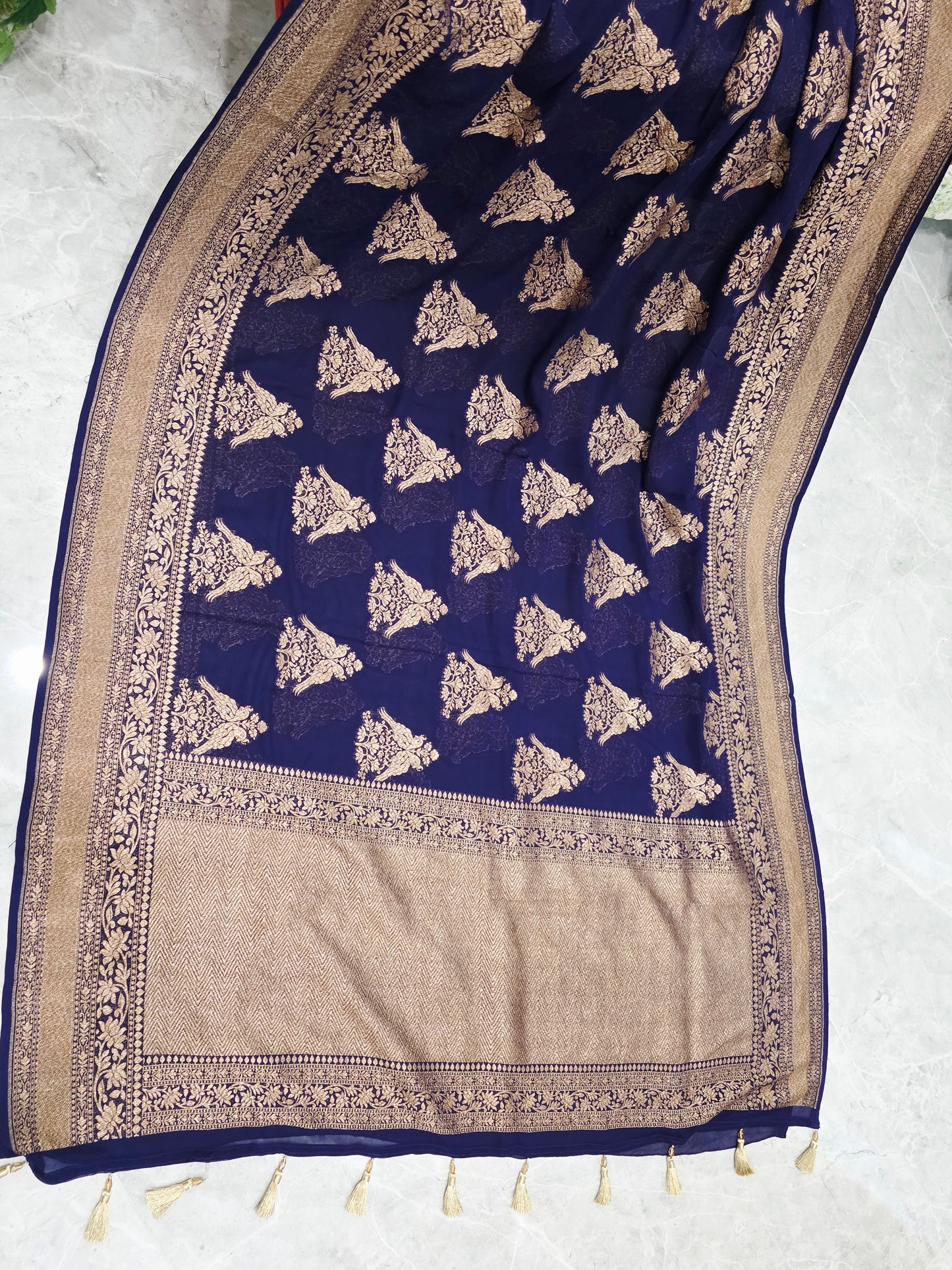 Navy Blue Pure Khaddi Georgette Designer Saree with Peacock Zari Butta