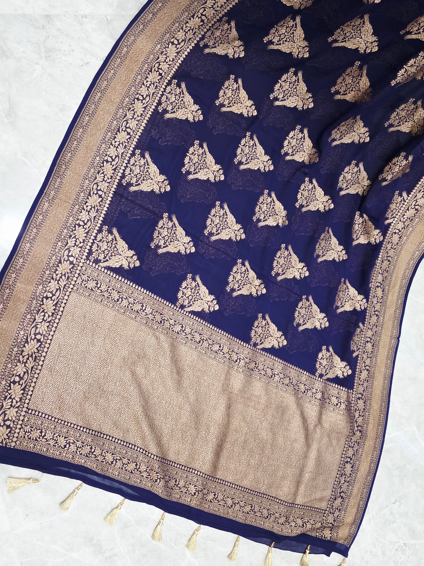 Navy Blue Pure Khaddi Georgette Designer Saree with Peacock Zari Butta