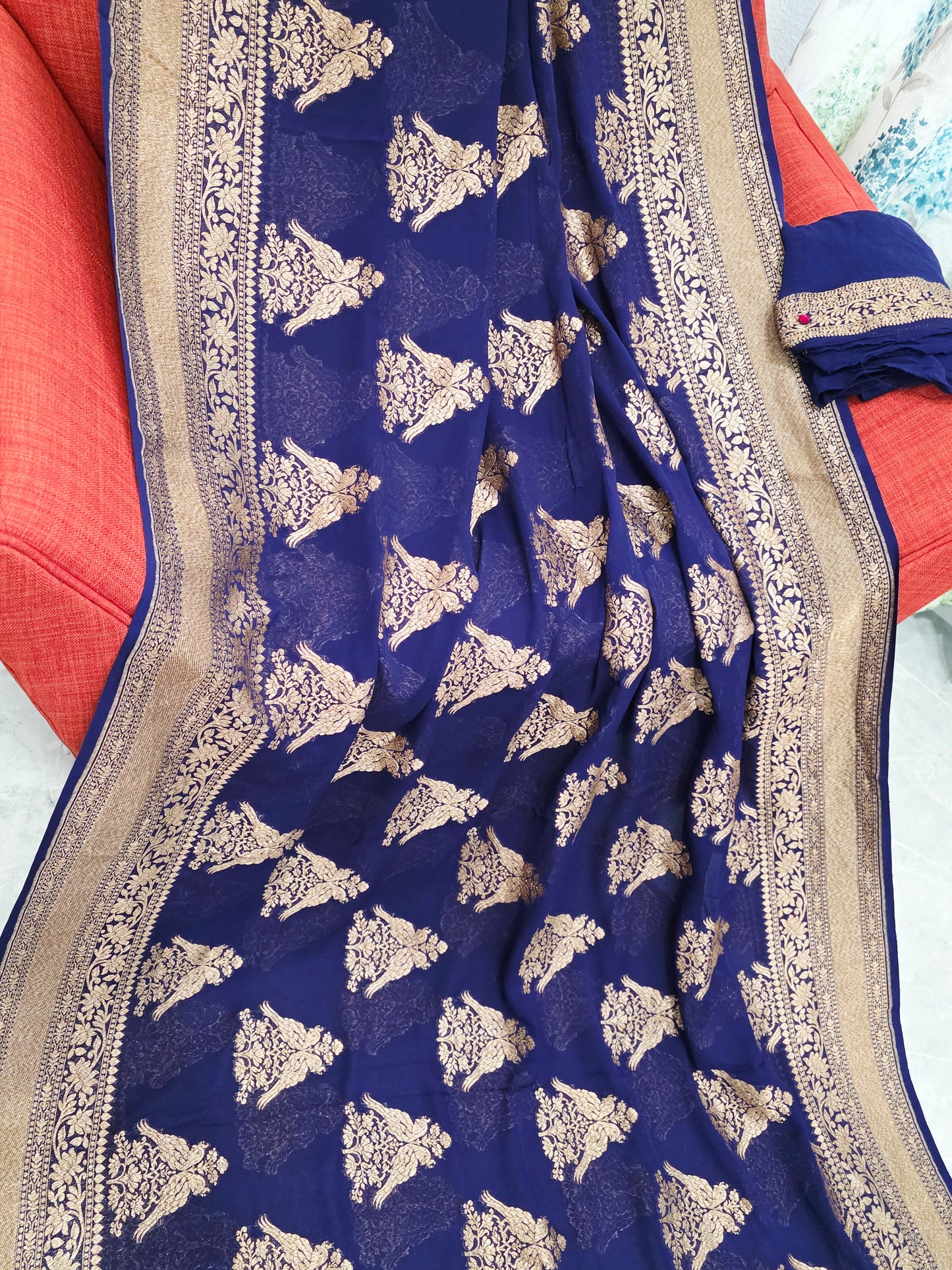 Navy Blue Pure Khaddi Georgette Designer Saree with Peacock Zari Butta