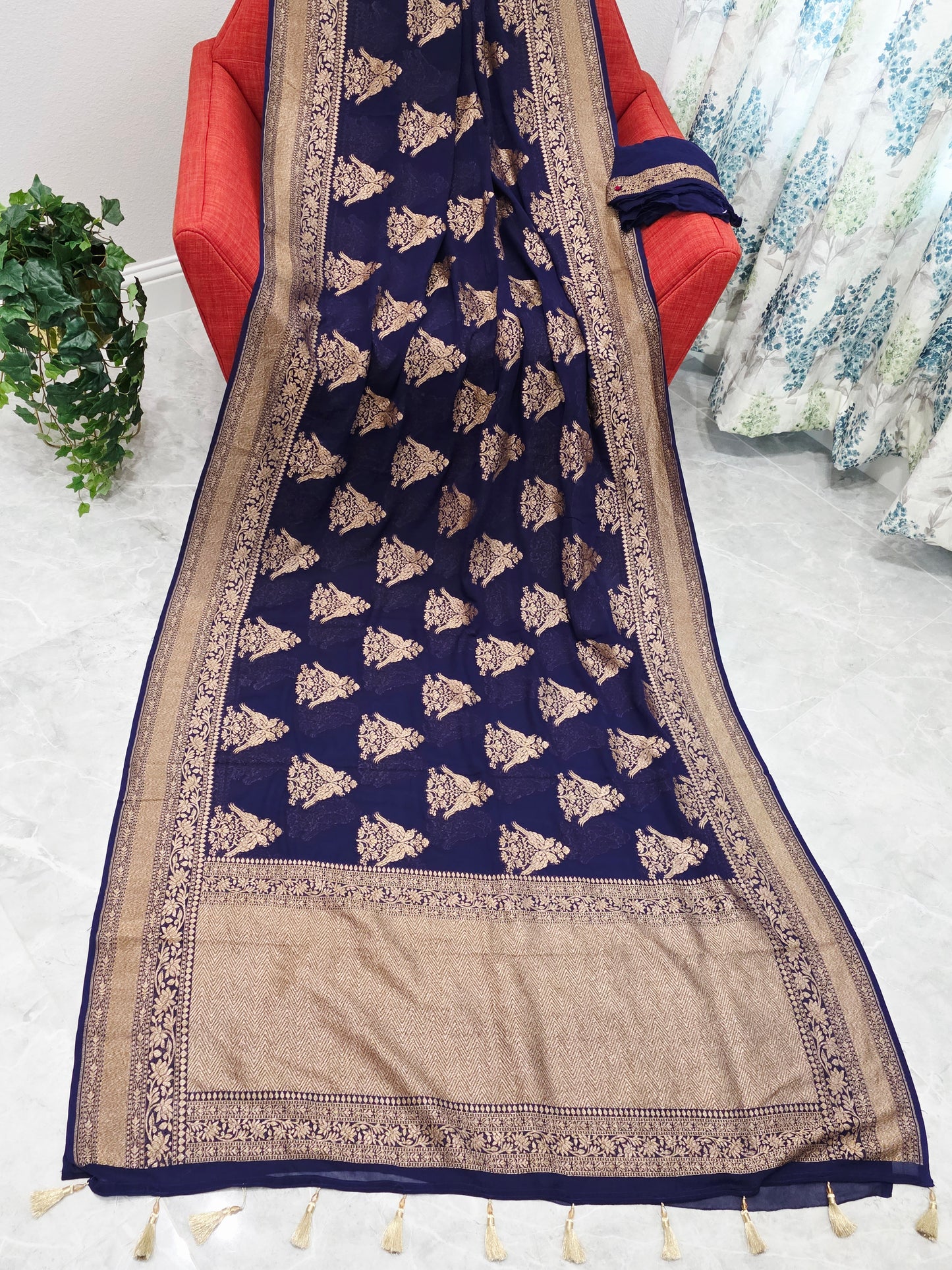 Navy Blue Pure Khaddi Georgette Designer Saree with Peacock Zari Butta