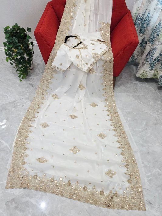 Elegant White Space Silk Sequin Saree with Stitched Blouse – Cocktail Party Wear