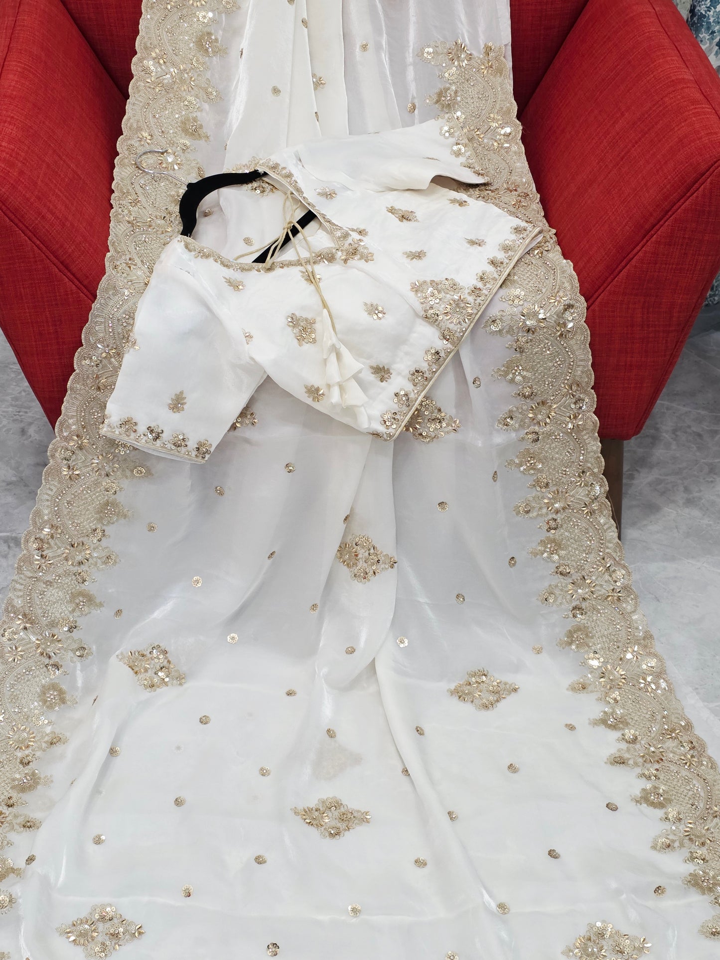 Elegant White Space Silk Sequin Saree with Stitched Blouse – Cocktail Party Wear