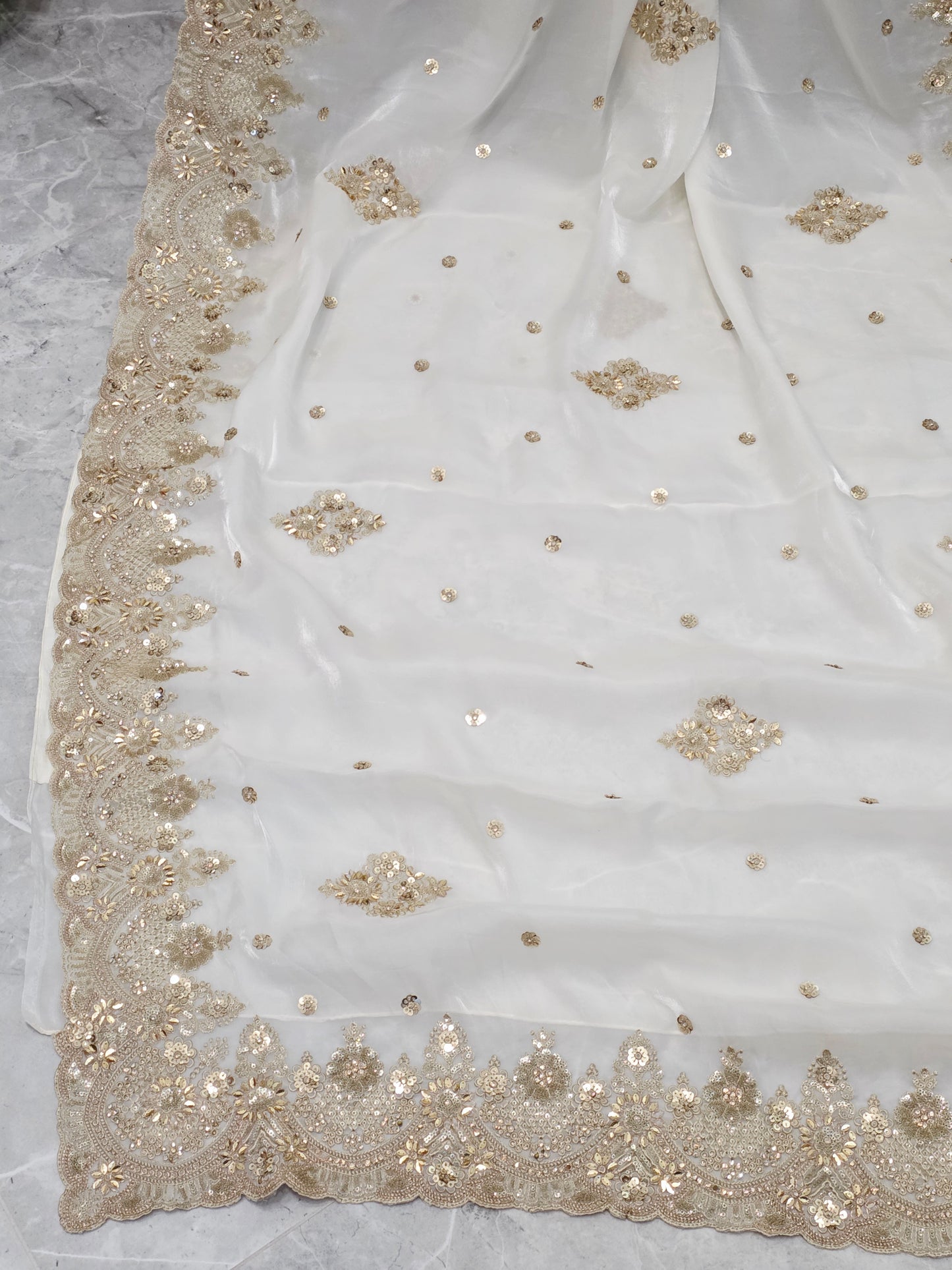 Elegant White Space Silk Sequin Saree with Stitched Blouse – Cocktail Party Wear
